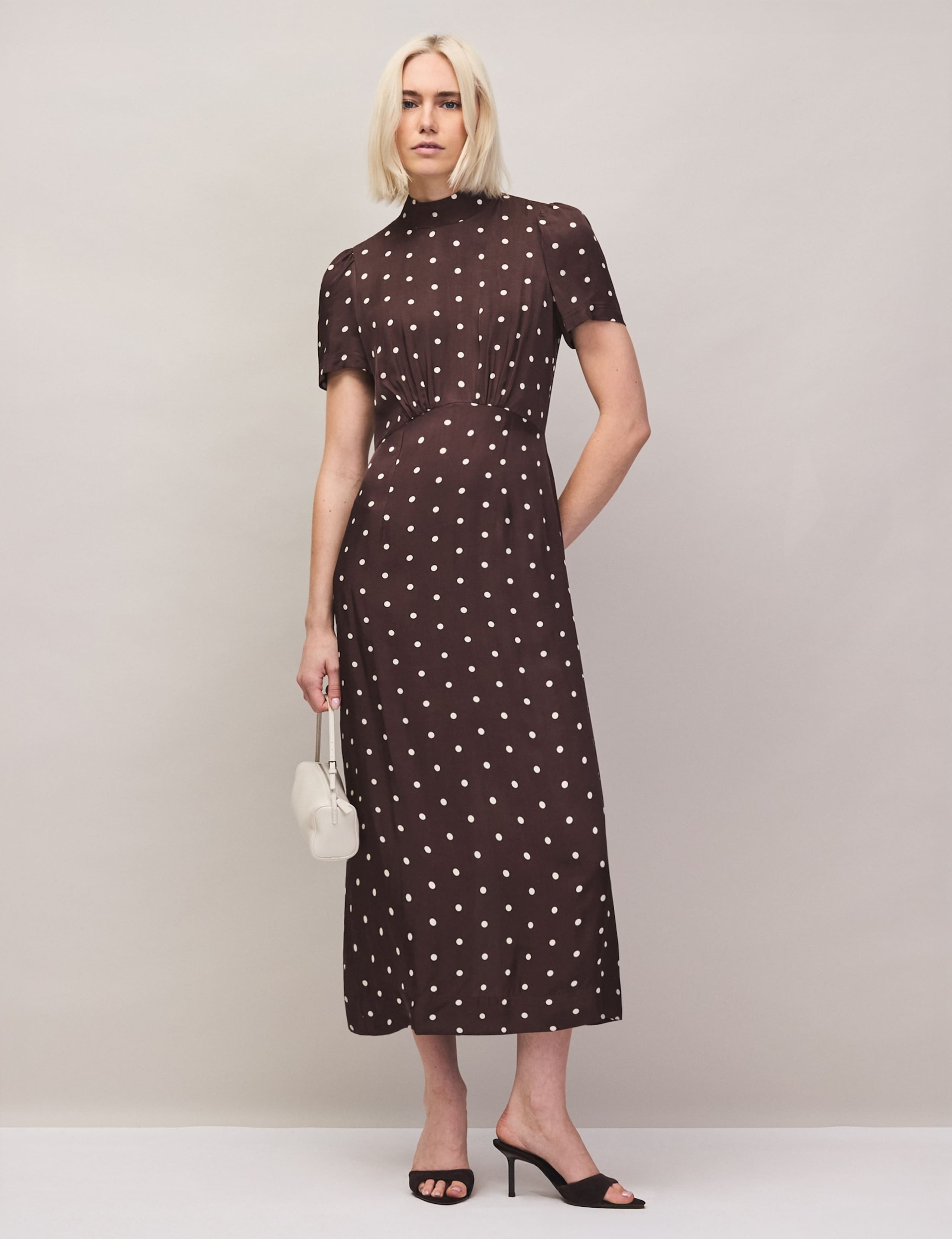 Polka Dot Puff Sleeve Midi Waisted Dress