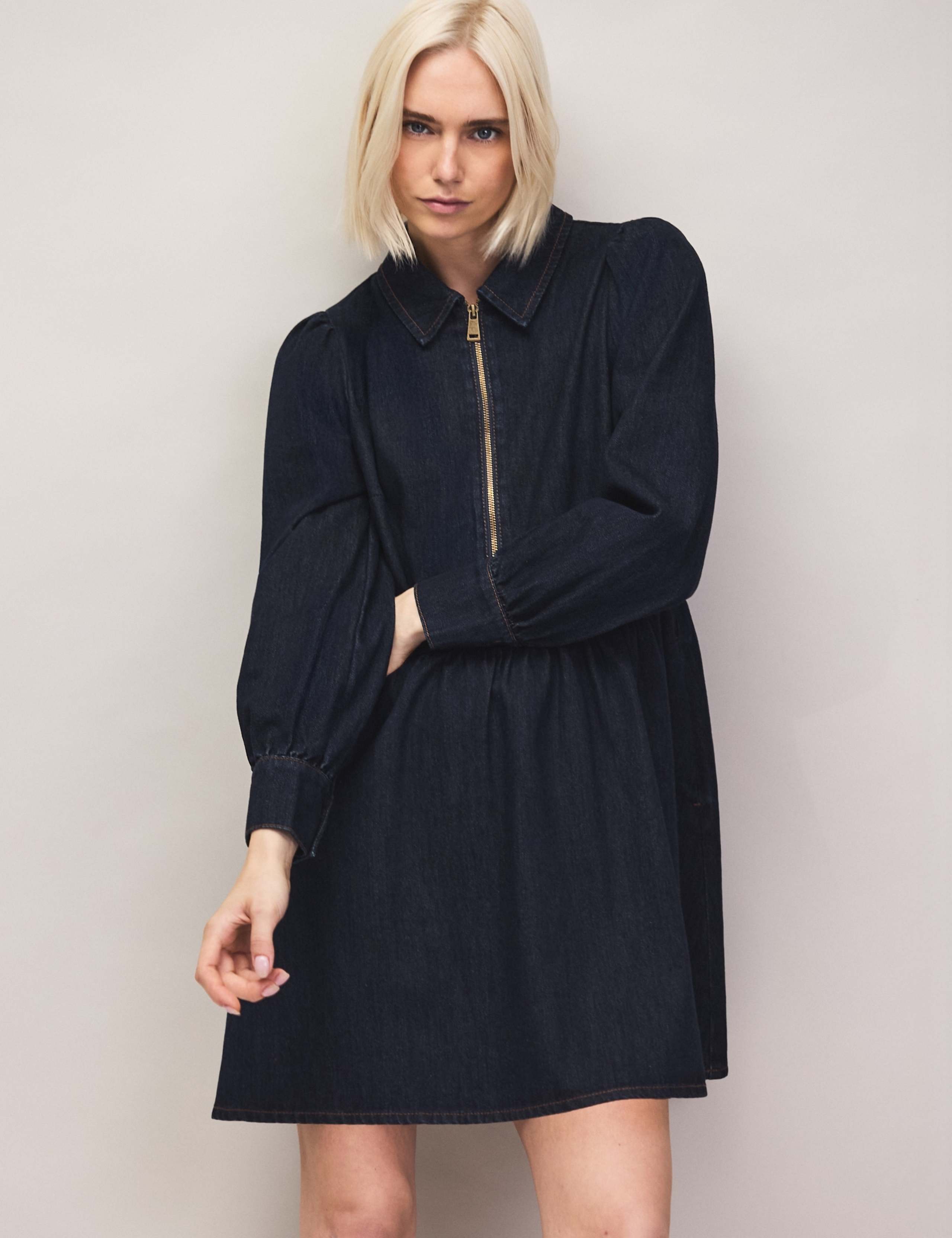 Denim Zip Front Mini Waisted Dress