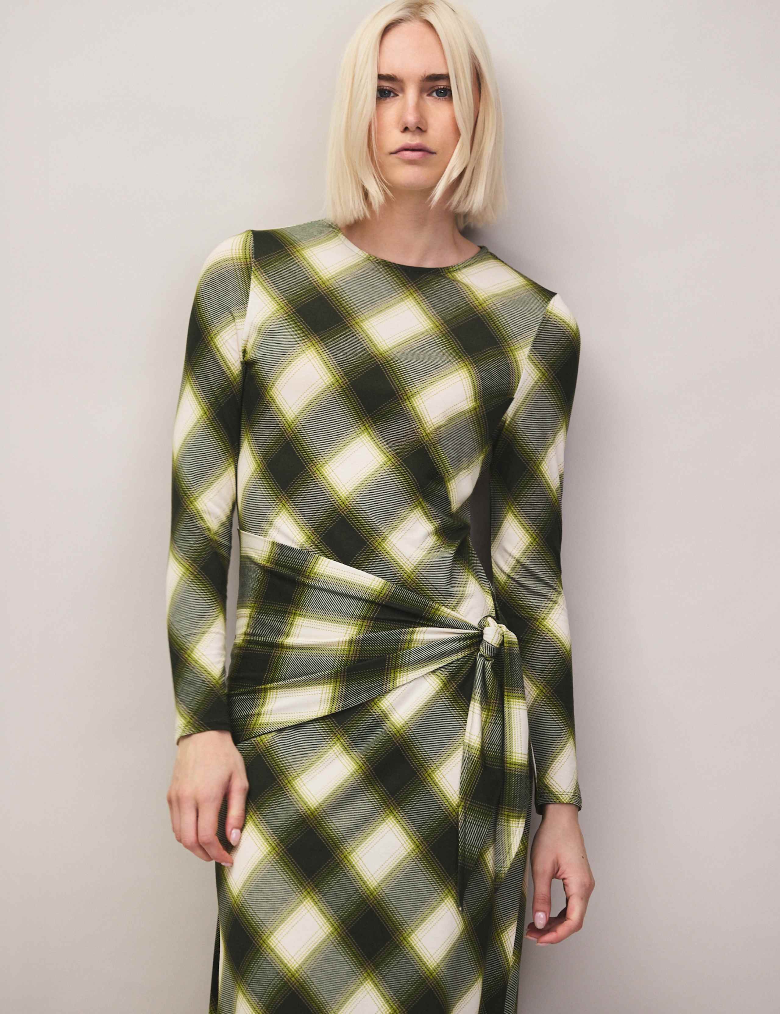 Checked Tie Wasit Midi Column Dress