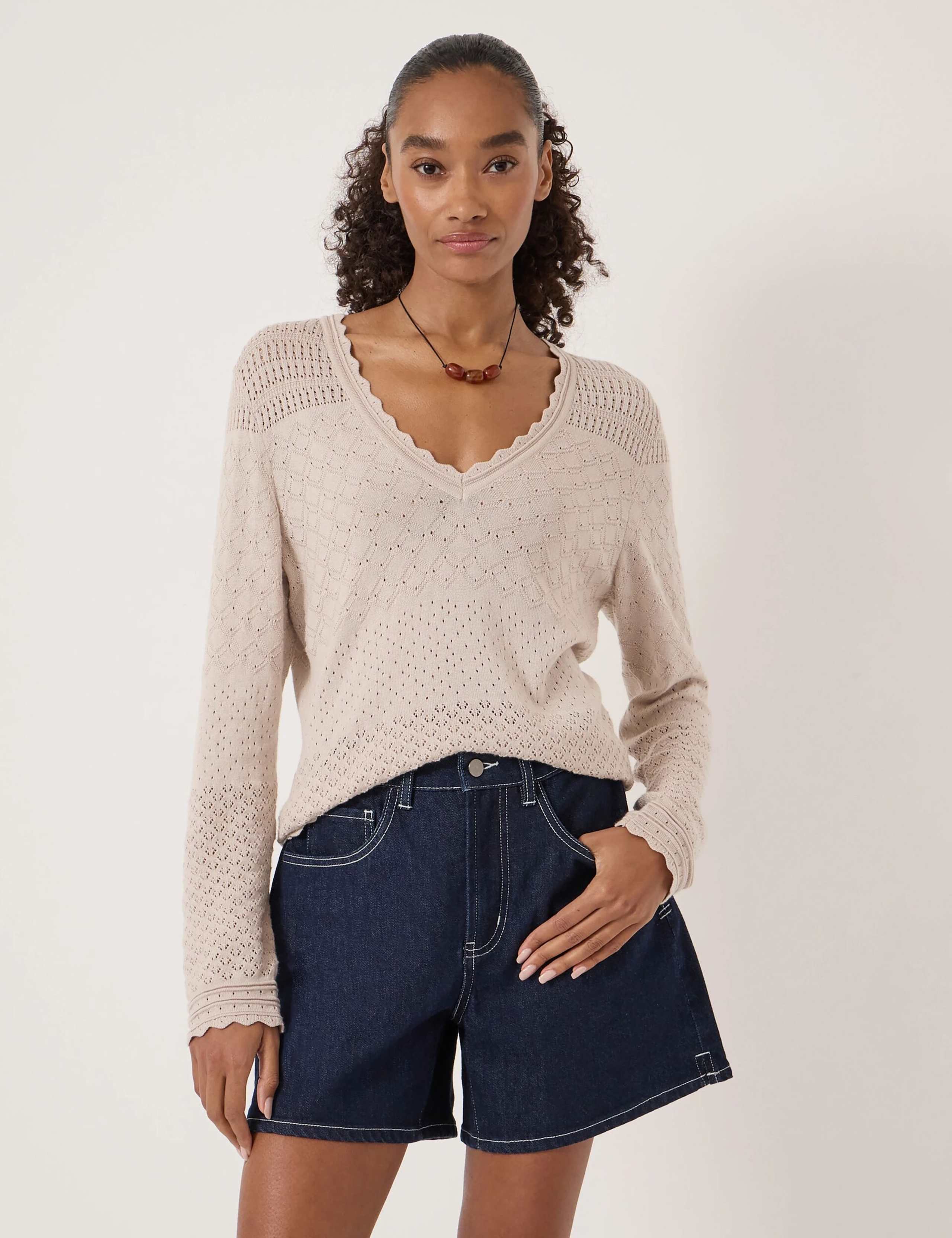 Cotton Blend Textured V-Neck Jumper