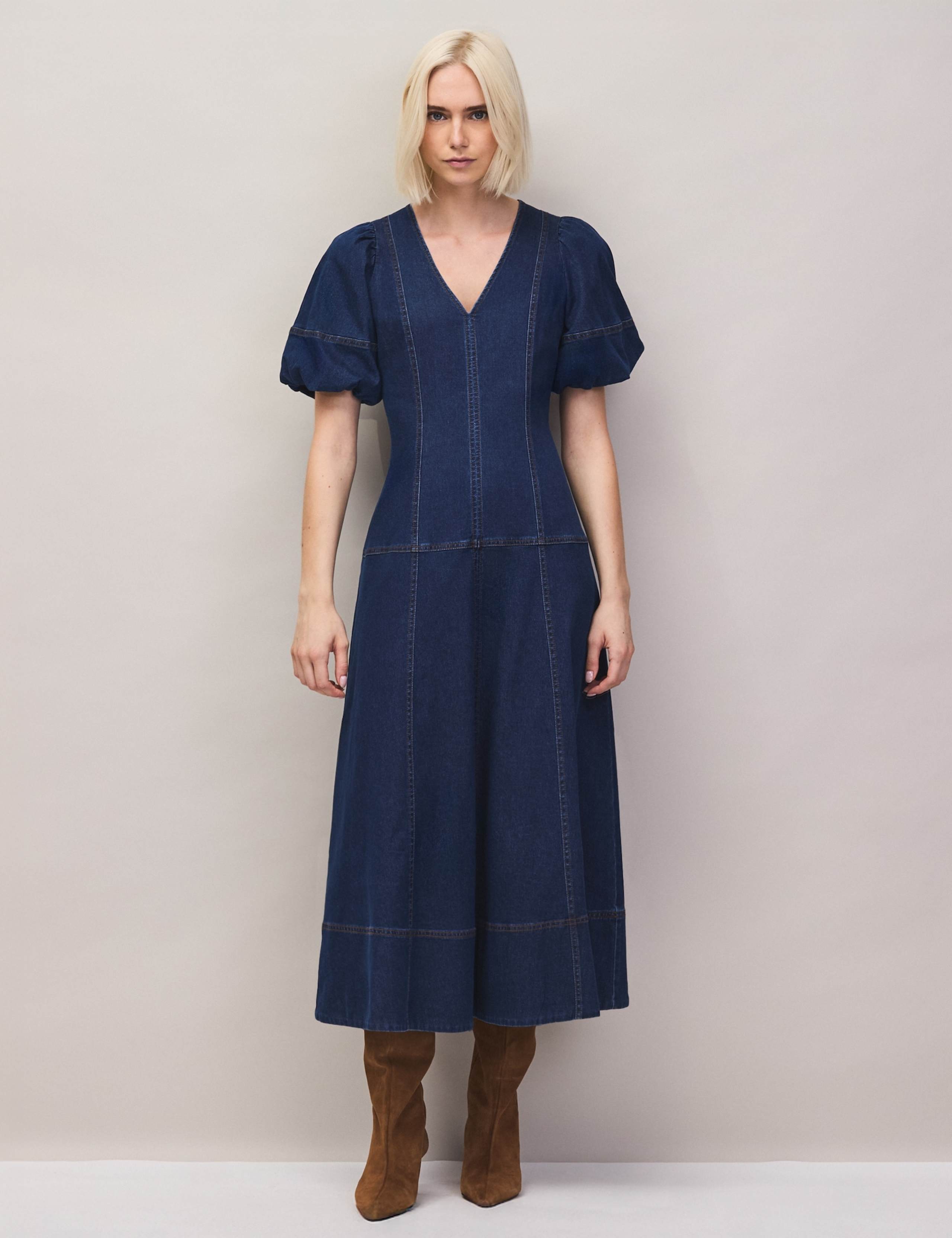 Denim V-Neck Puff Sleeve Midi Wasited Dress