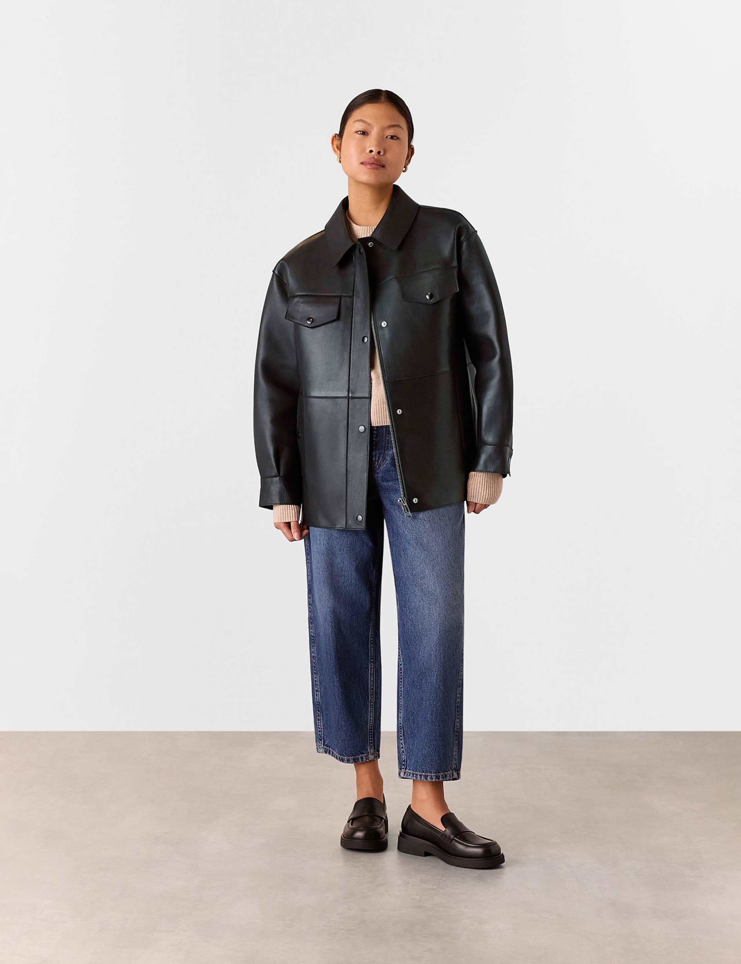 Leather Relaxed Collared Biker Jacket