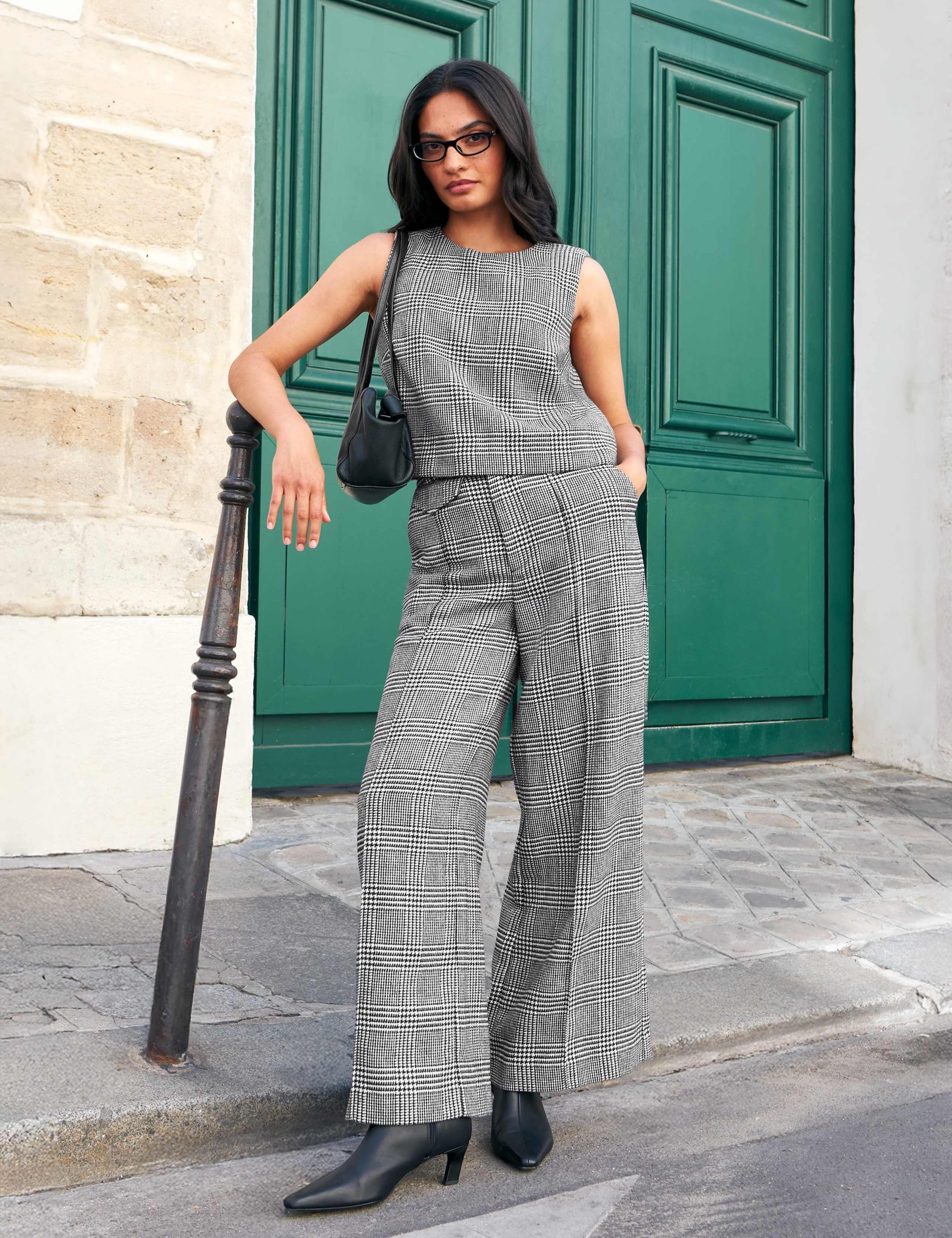 Checked Pintuck Wide Leg Trousers with Wool