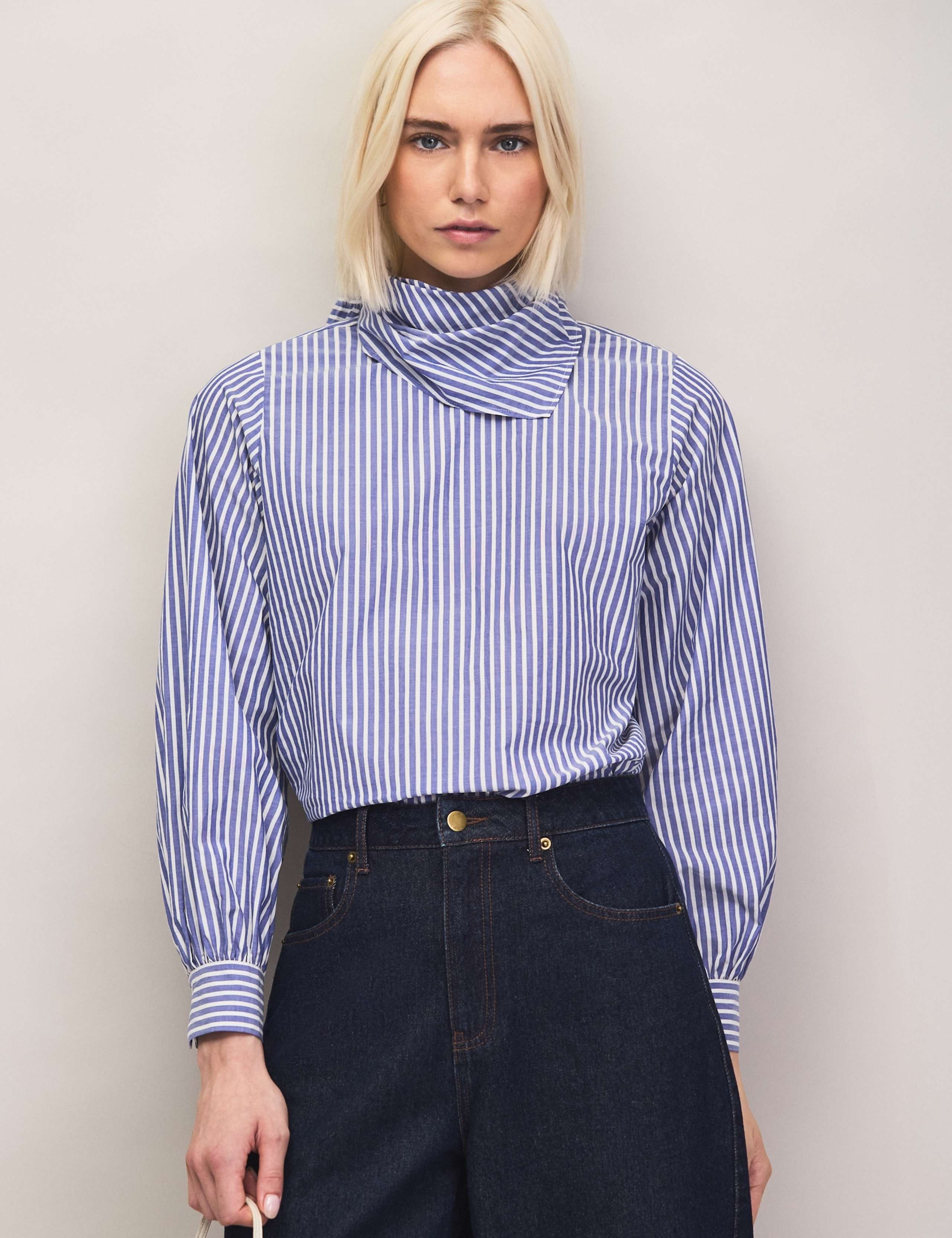 Pure Cotton Striped Scarf Neck Blouse