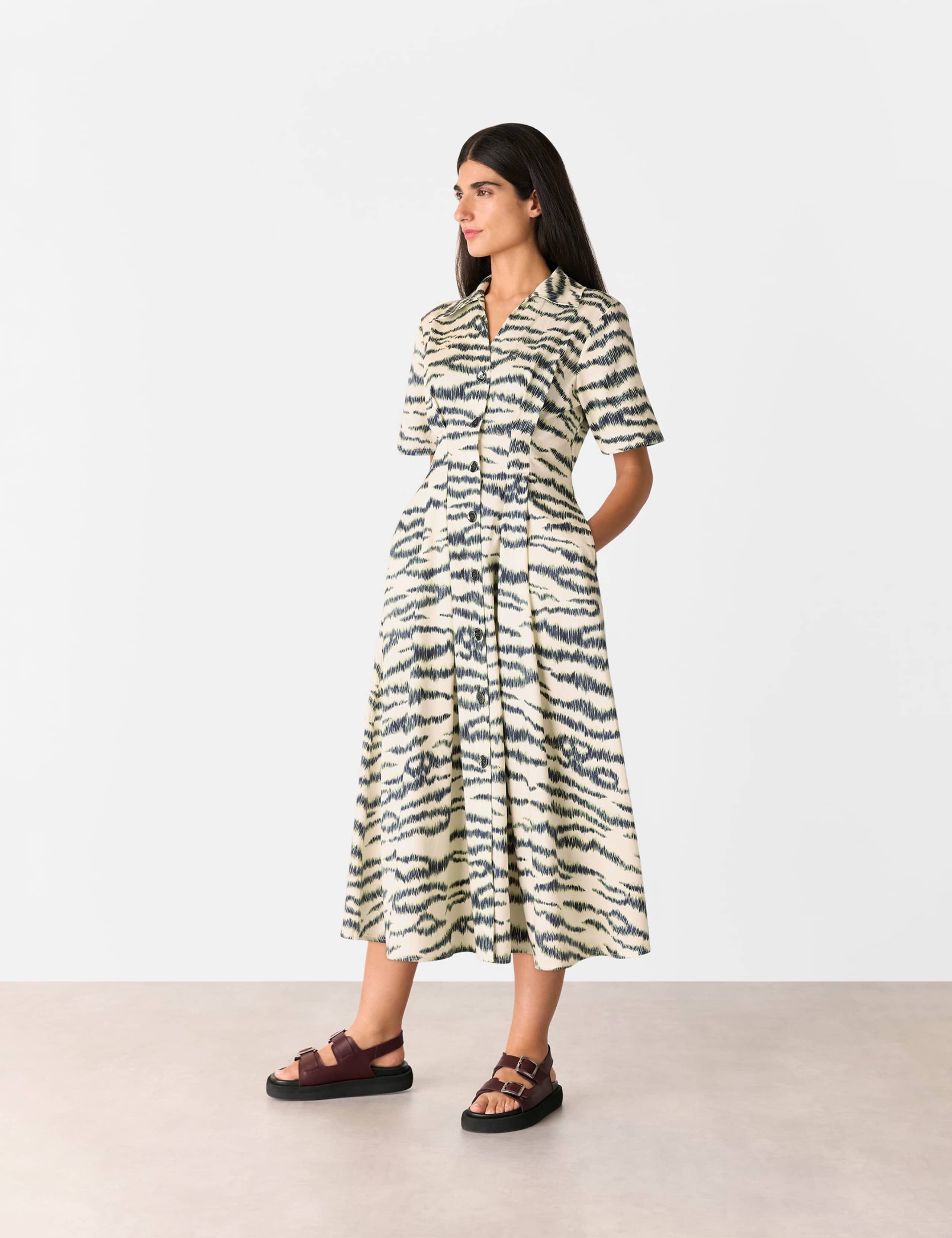 Cotton Blend Animal Print Midi Shirt Dress