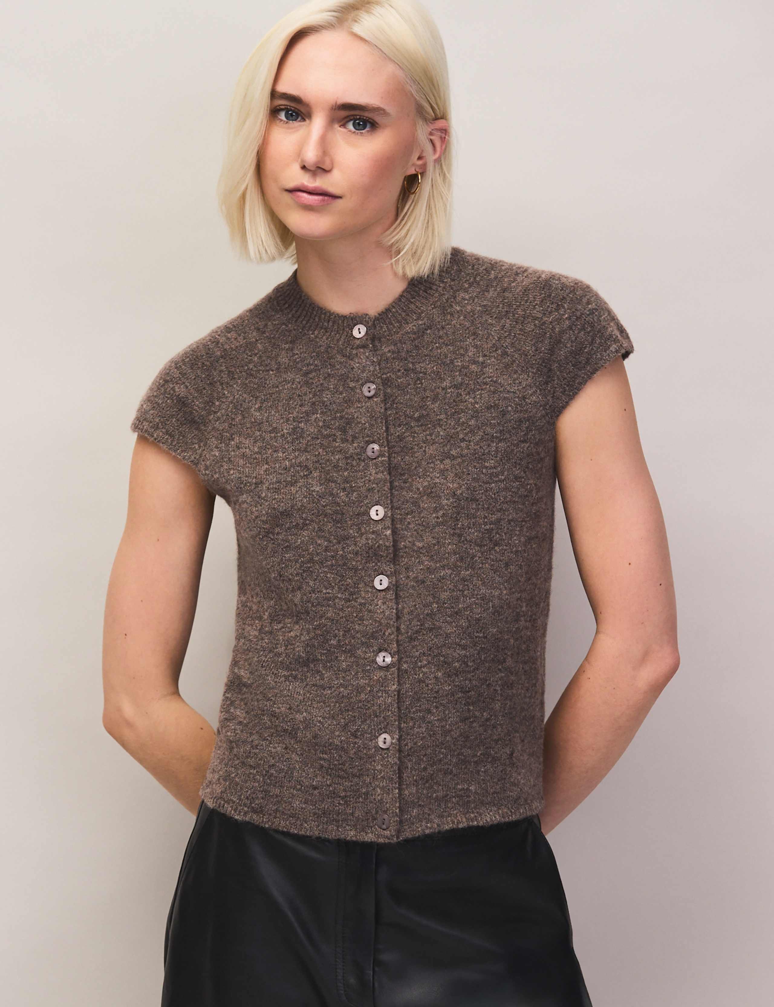 Alpaca Blend Crew Neck Button Through Top