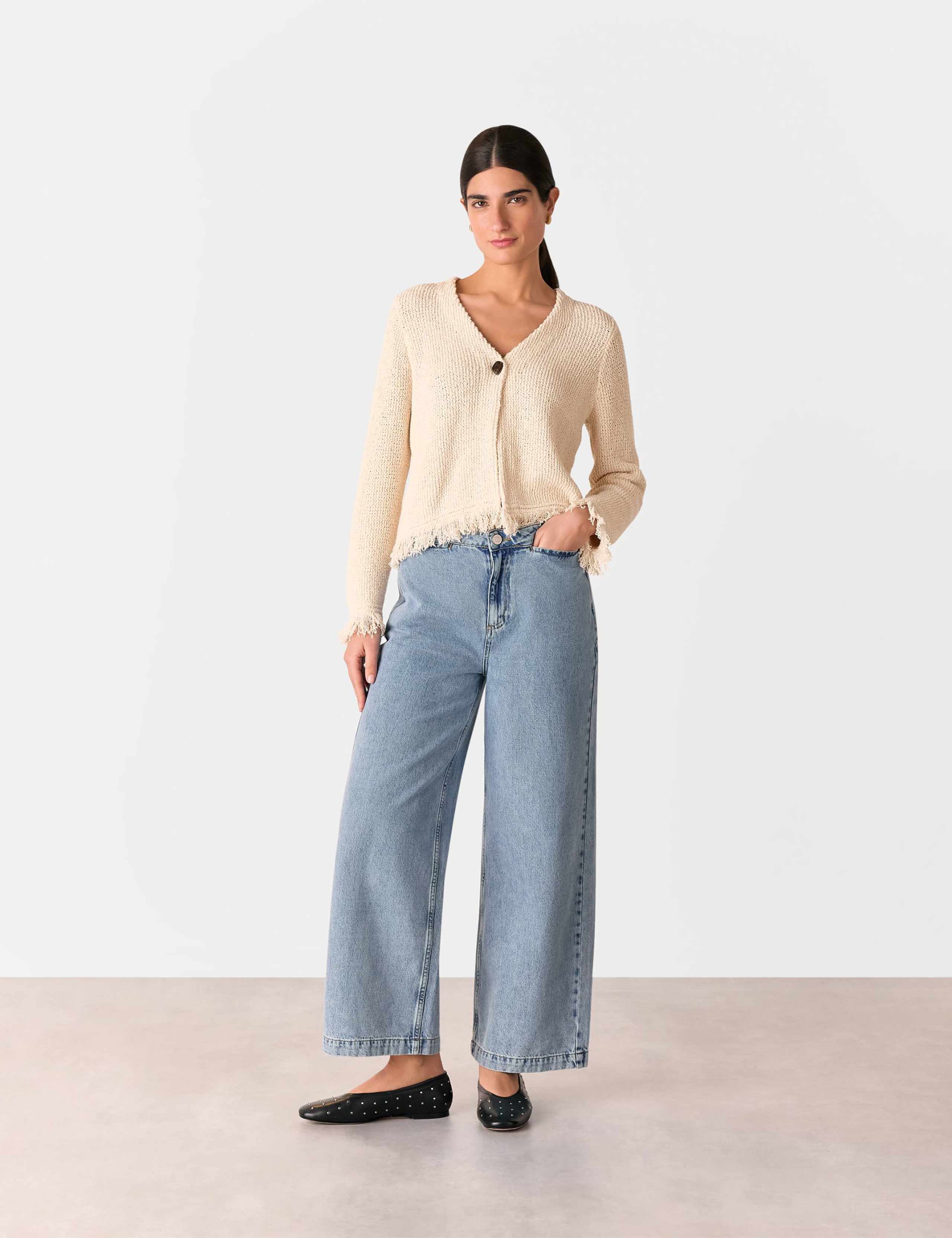 Cotton Rich V-Neck Fringe Cardigan