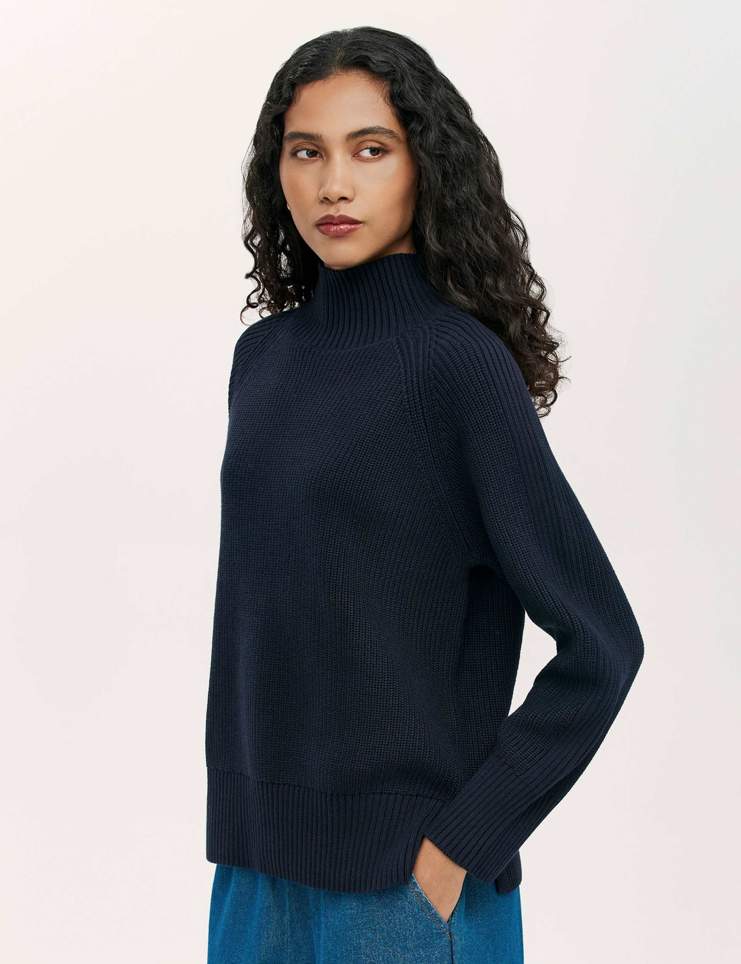 Cotton Rich Ribbed Funnel Neck Jumper