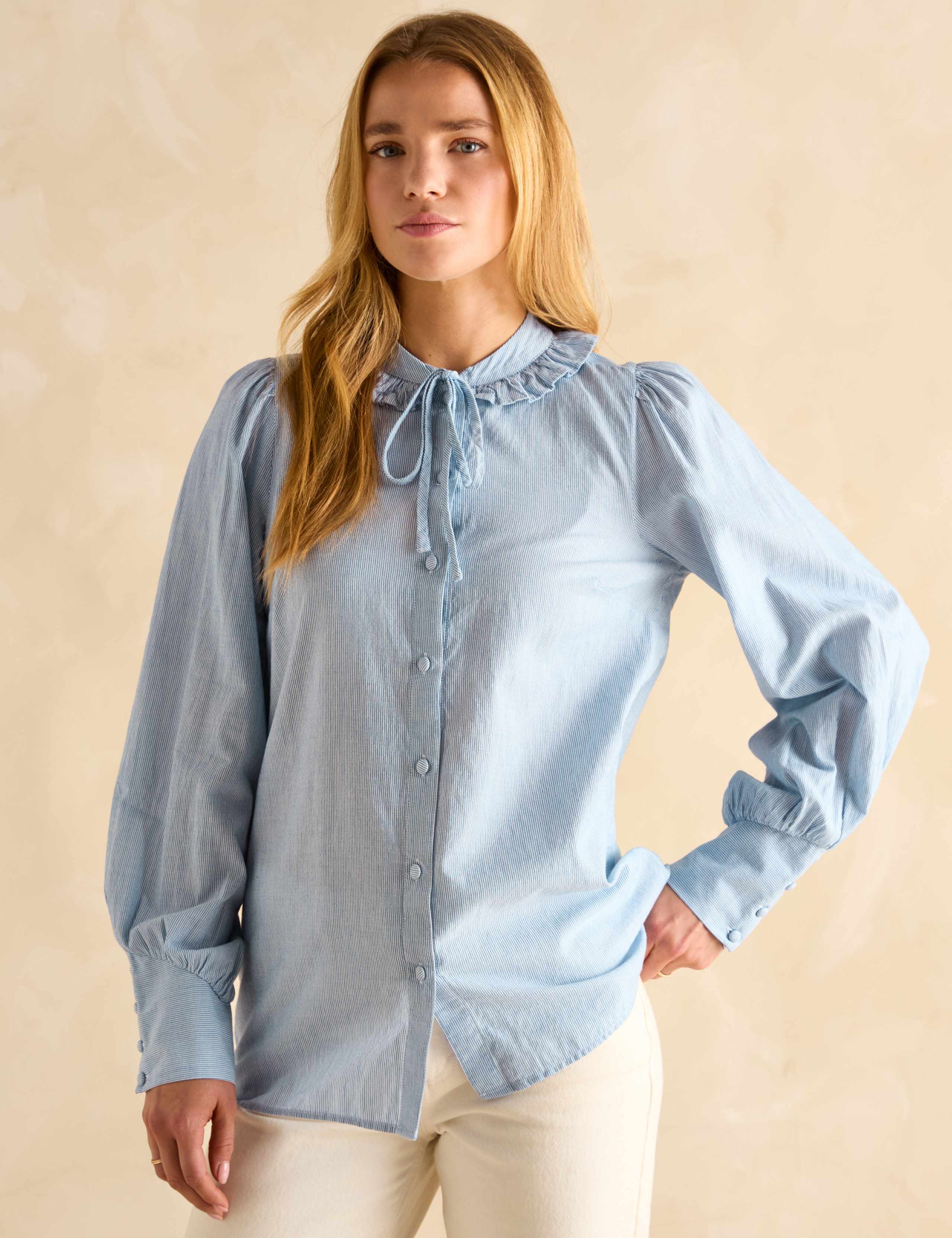 Pure Cotton Striped Tie Neck Ruffle Blouse