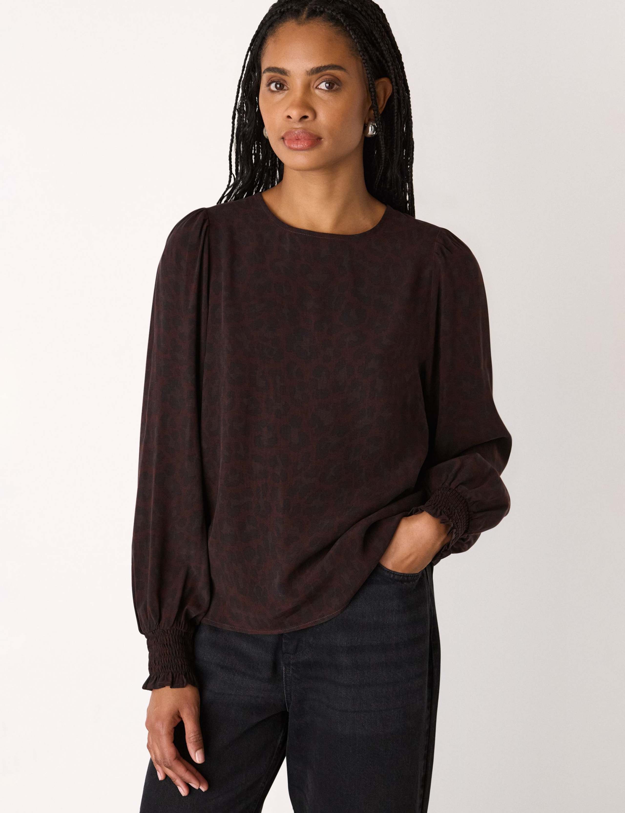 Cupro Rich Leopard Print Shirred Cuff Blouse