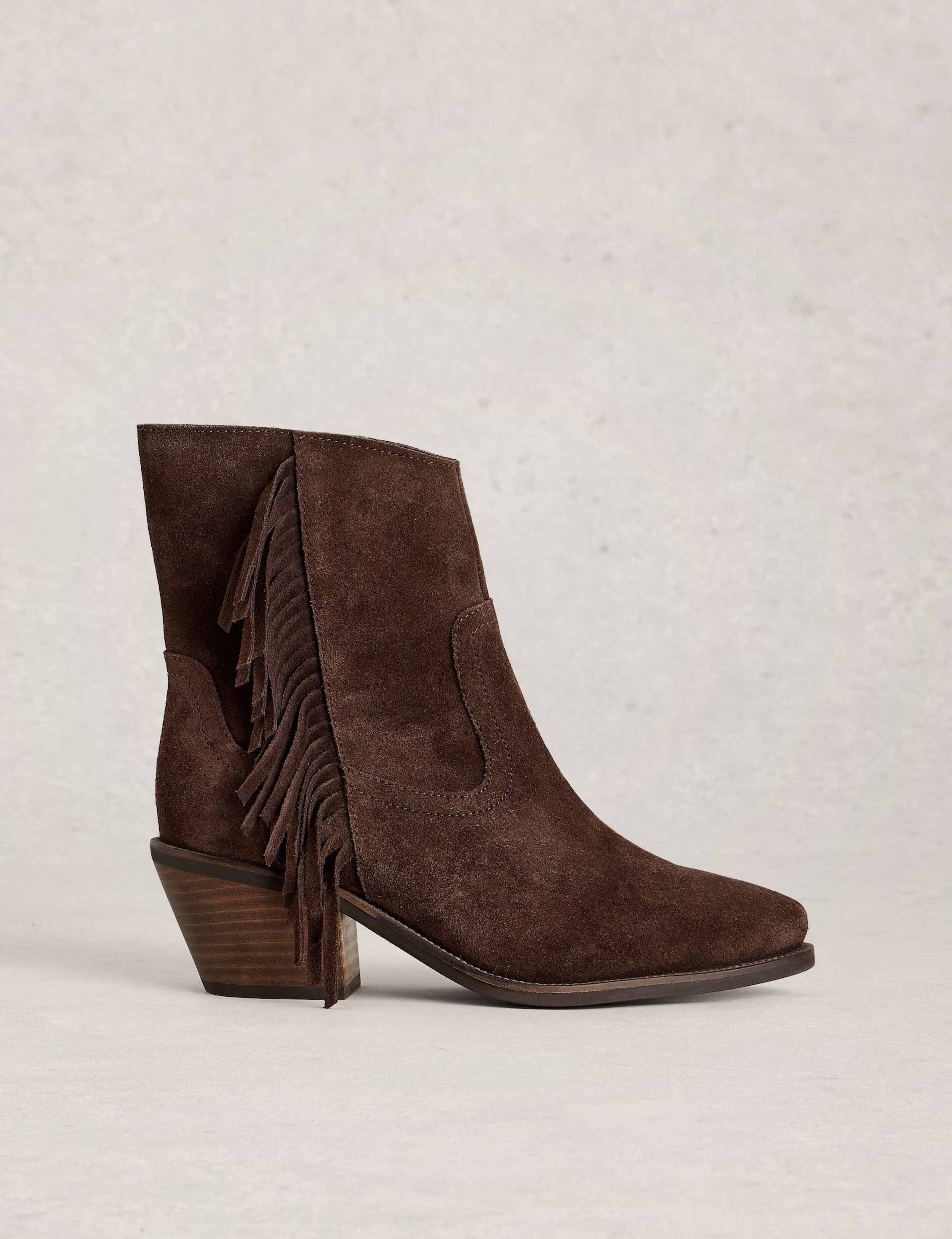 Suede Cowboy Fringed Block Heel Ankle Boots