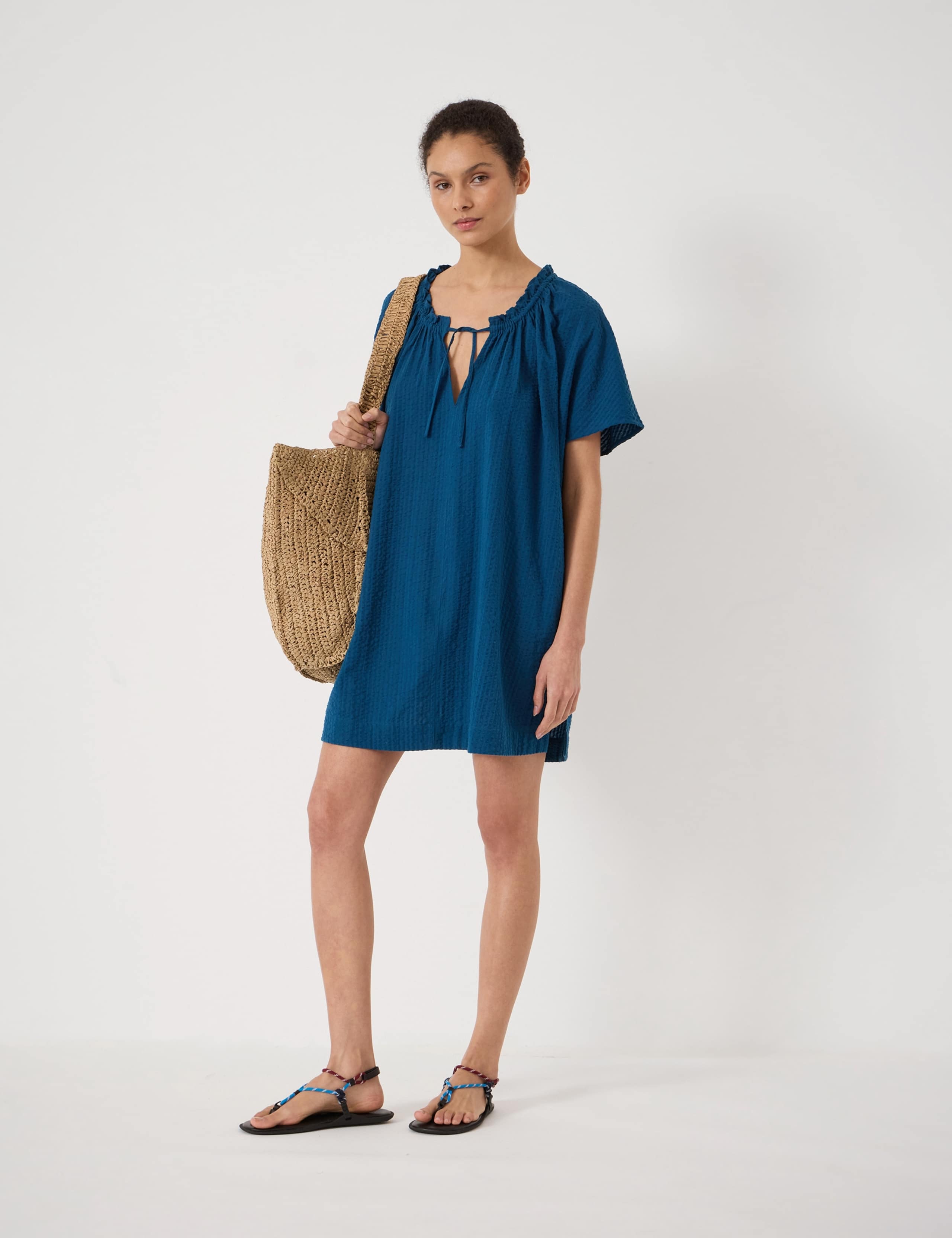 Pure Cotton Textured Tie Neck Mini Beach Dress