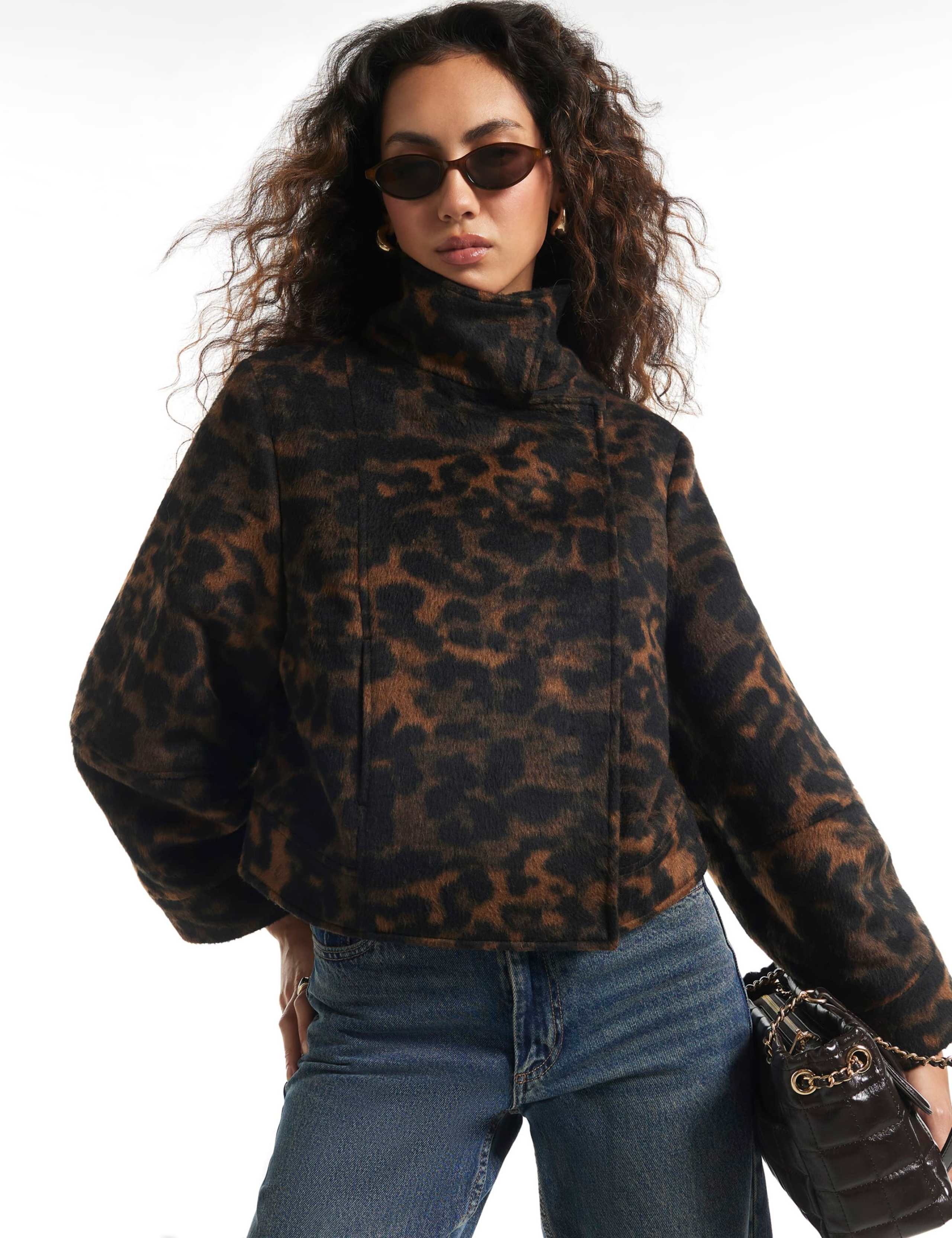 Leopard Print Funnel Neck Oversized Jacket