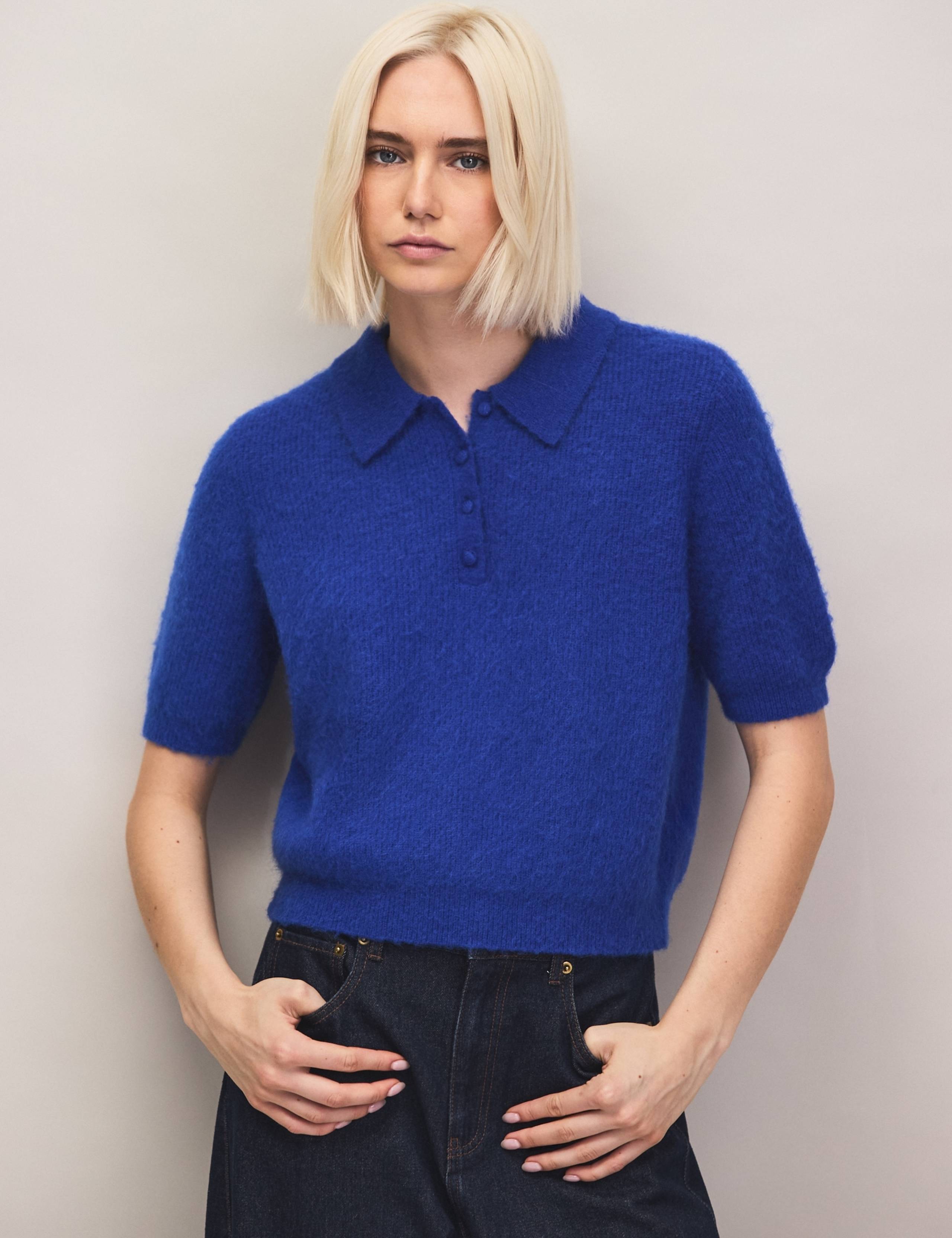 Wool Blend Collared Knitted Puff Sleeve Top