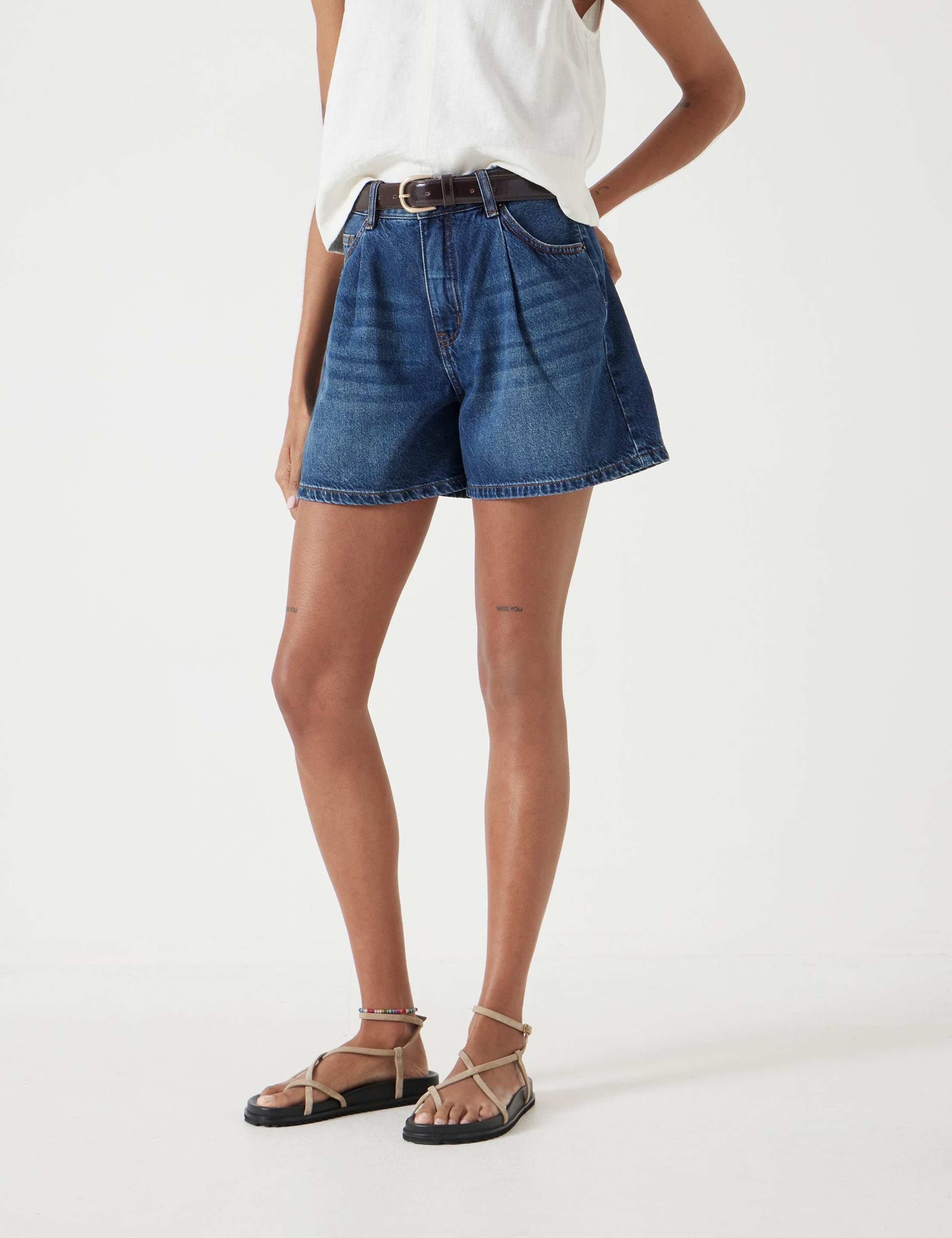 Denim Pleat Front Shorts