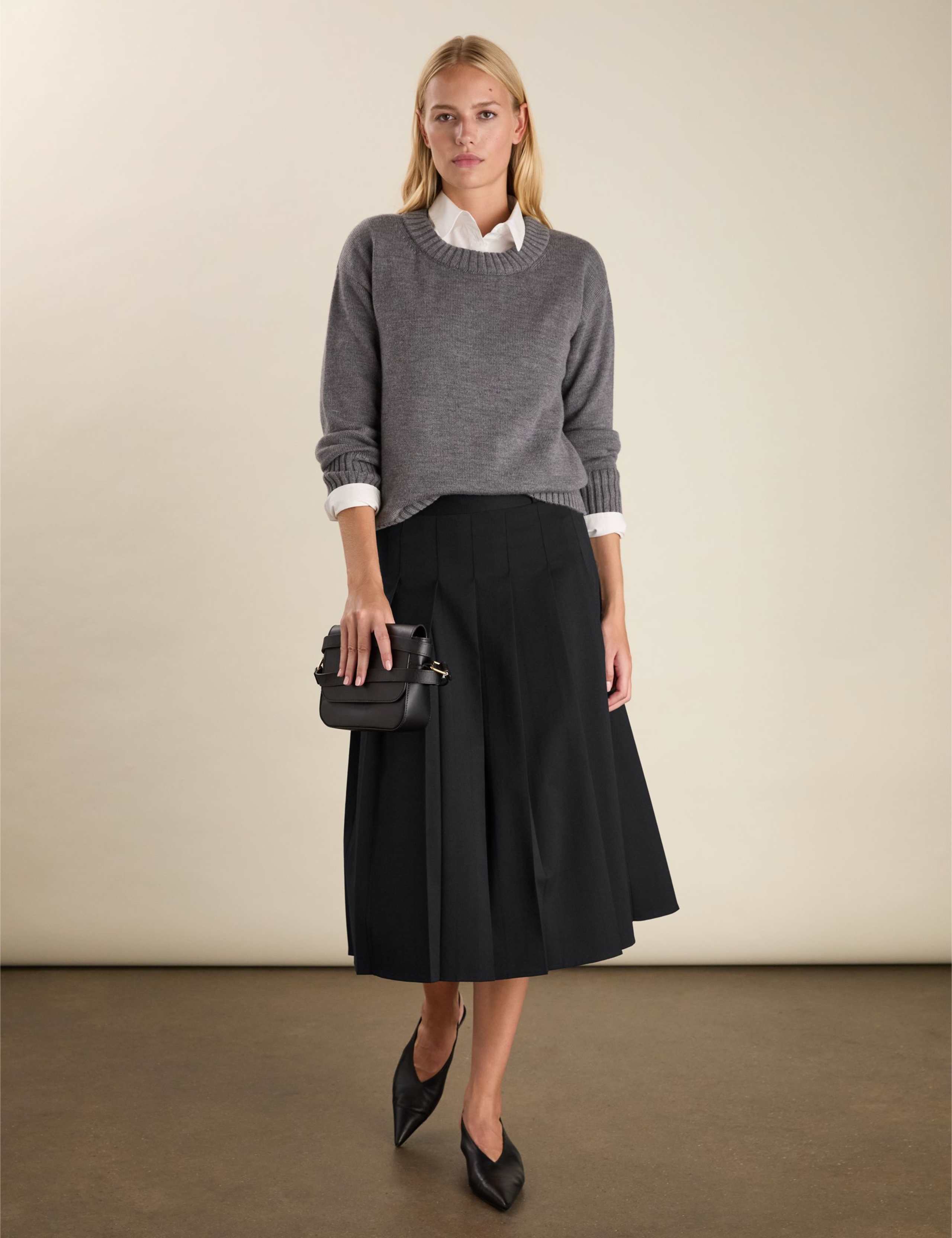 Wool Blend Pleated Midi A-Line Skirt