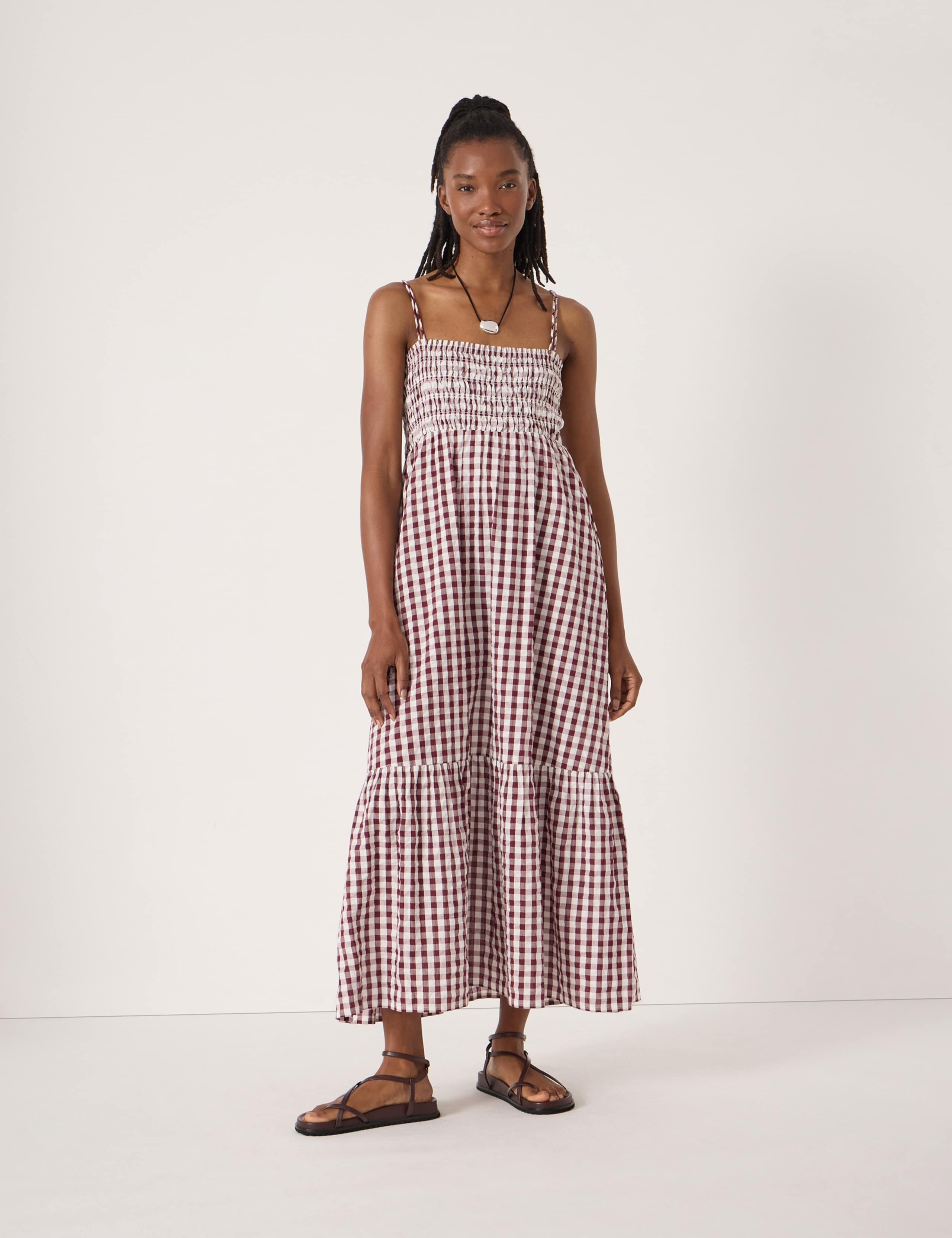Pure Cotton Gingham Midi Shirred Beach Dress