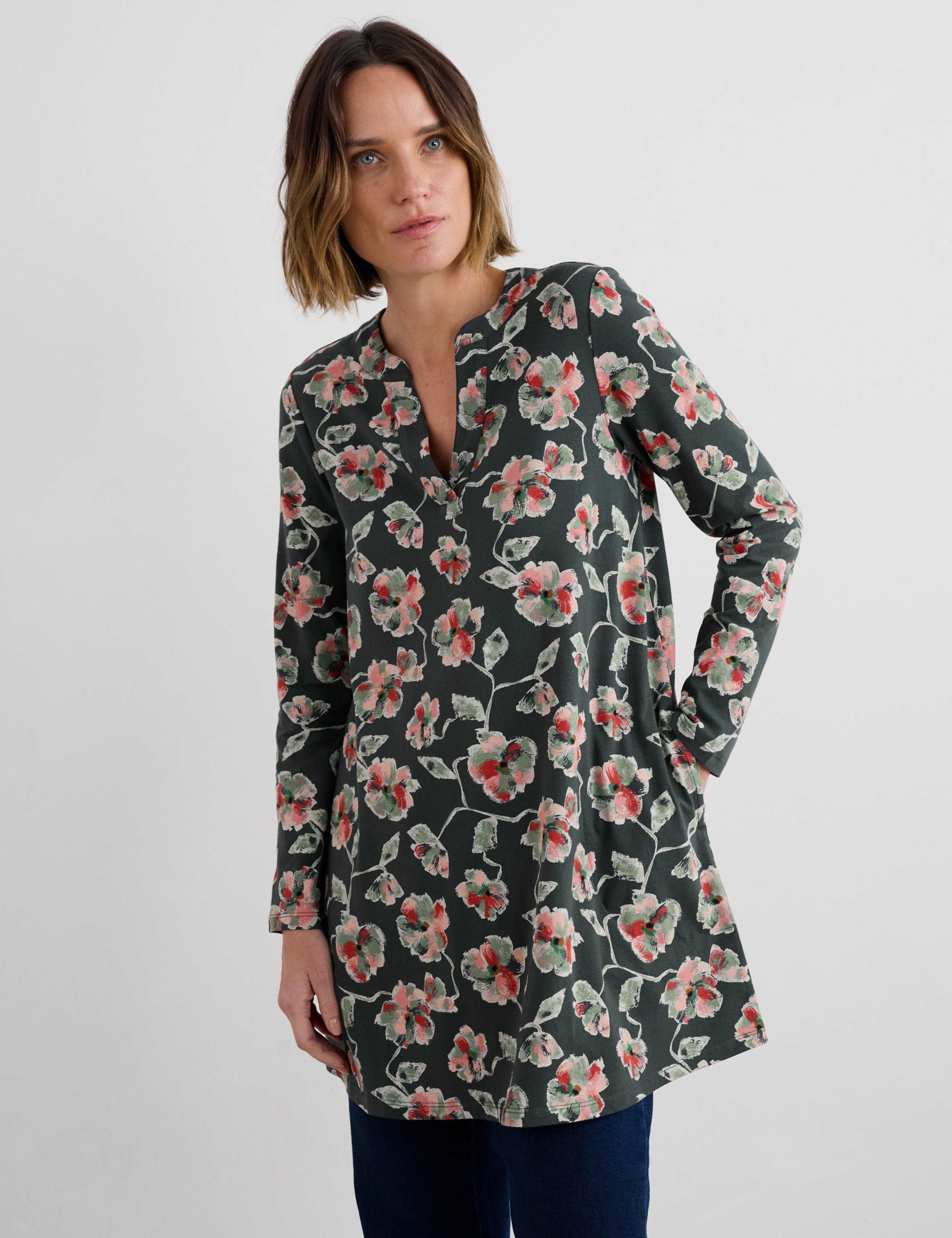 Cotton Rich Jersey Floral Notch Neck Tunic