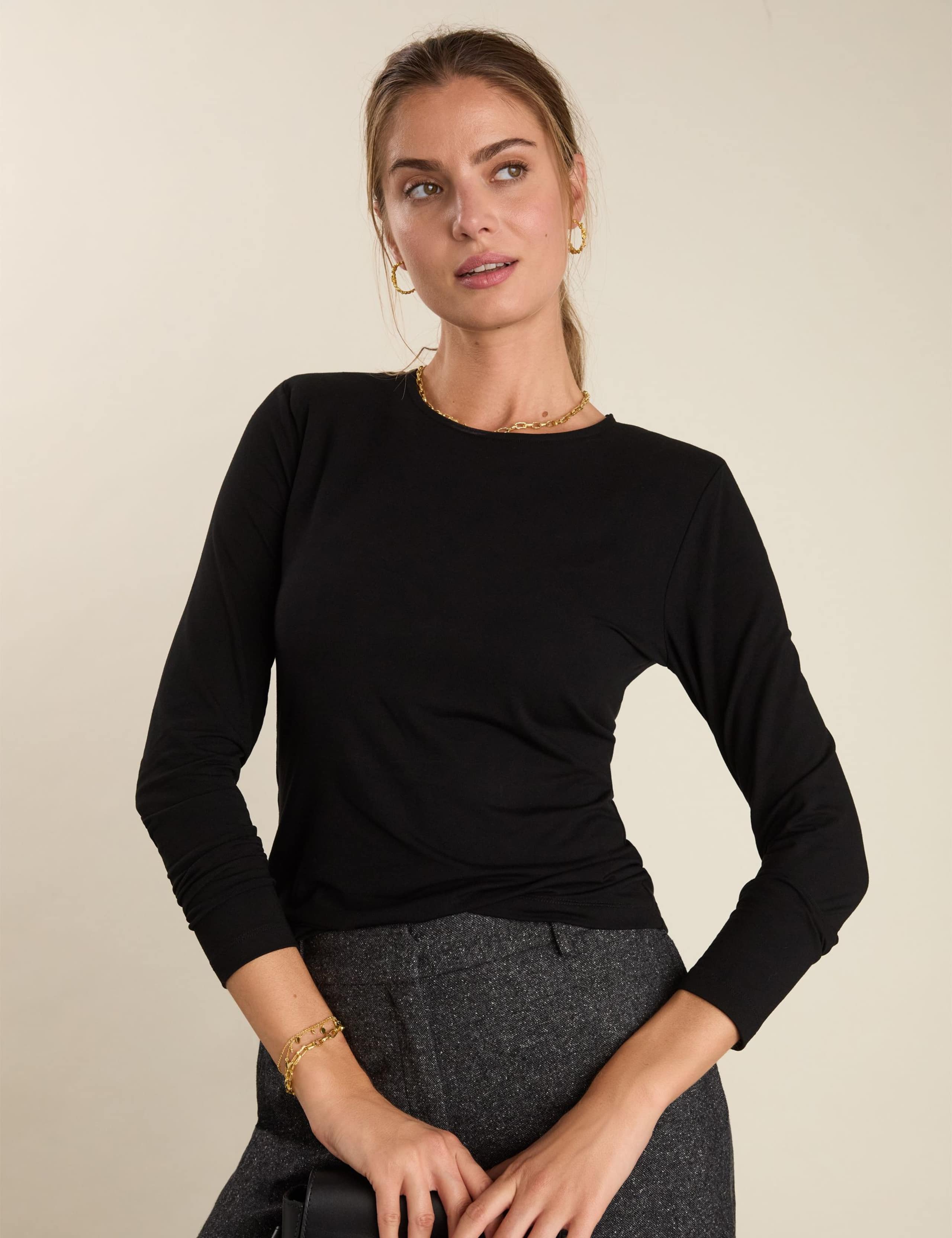 Jersey Crew Neck Padded Shoulder Top