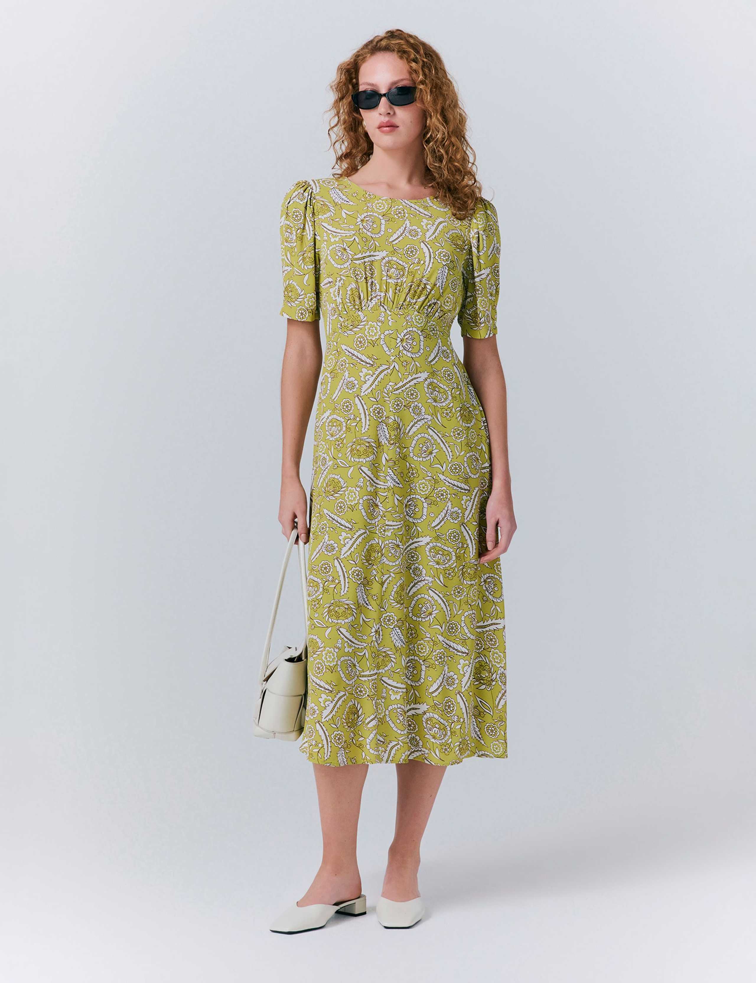 Crepe Floral Round Neck Midaxi Tea Dress