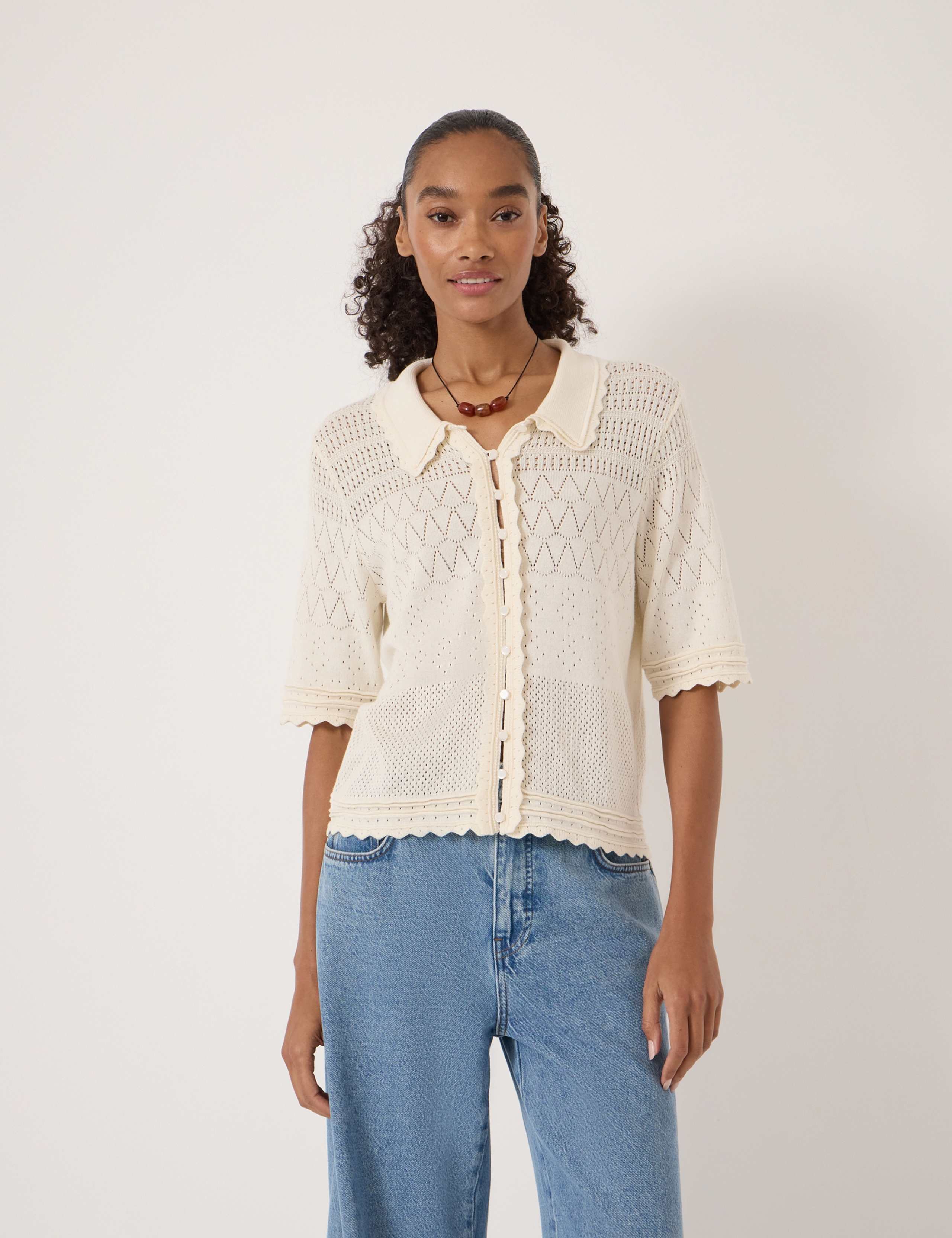 Cotton Blend Pointelle Collared Cardigan