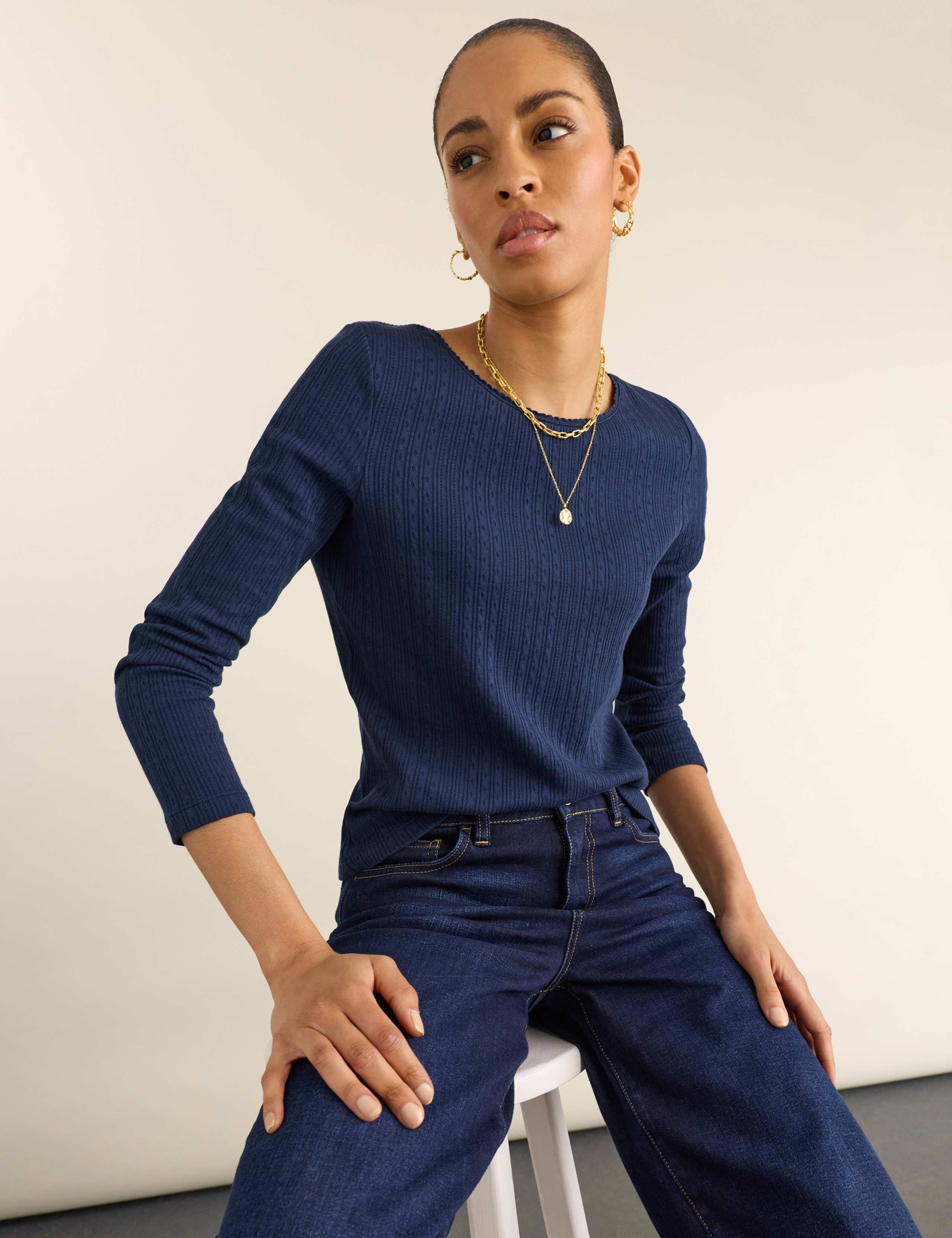 Pure Cotton Jersey Pointelle Fitted Top