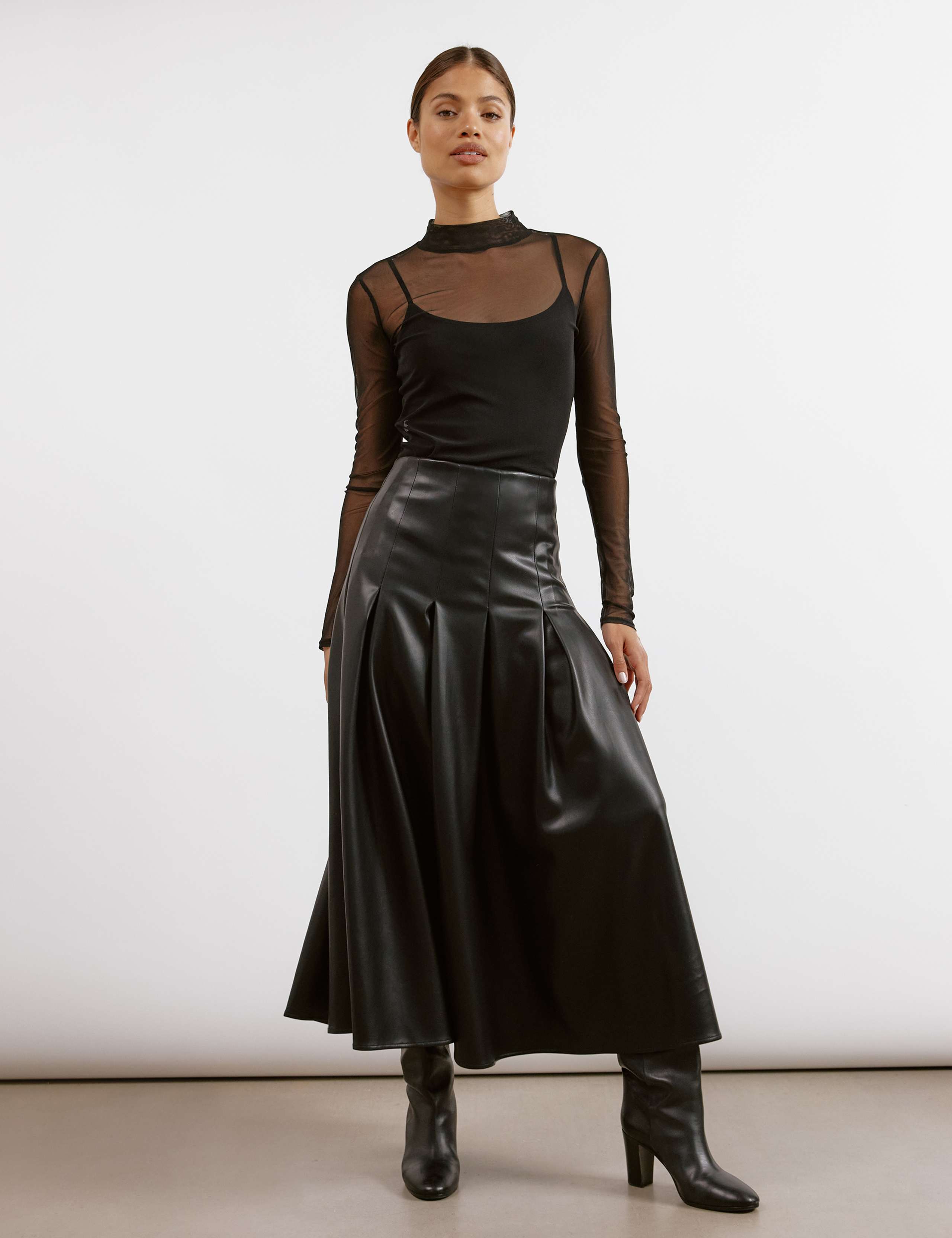 Leather Look Pleated Midi A-Line Skirt