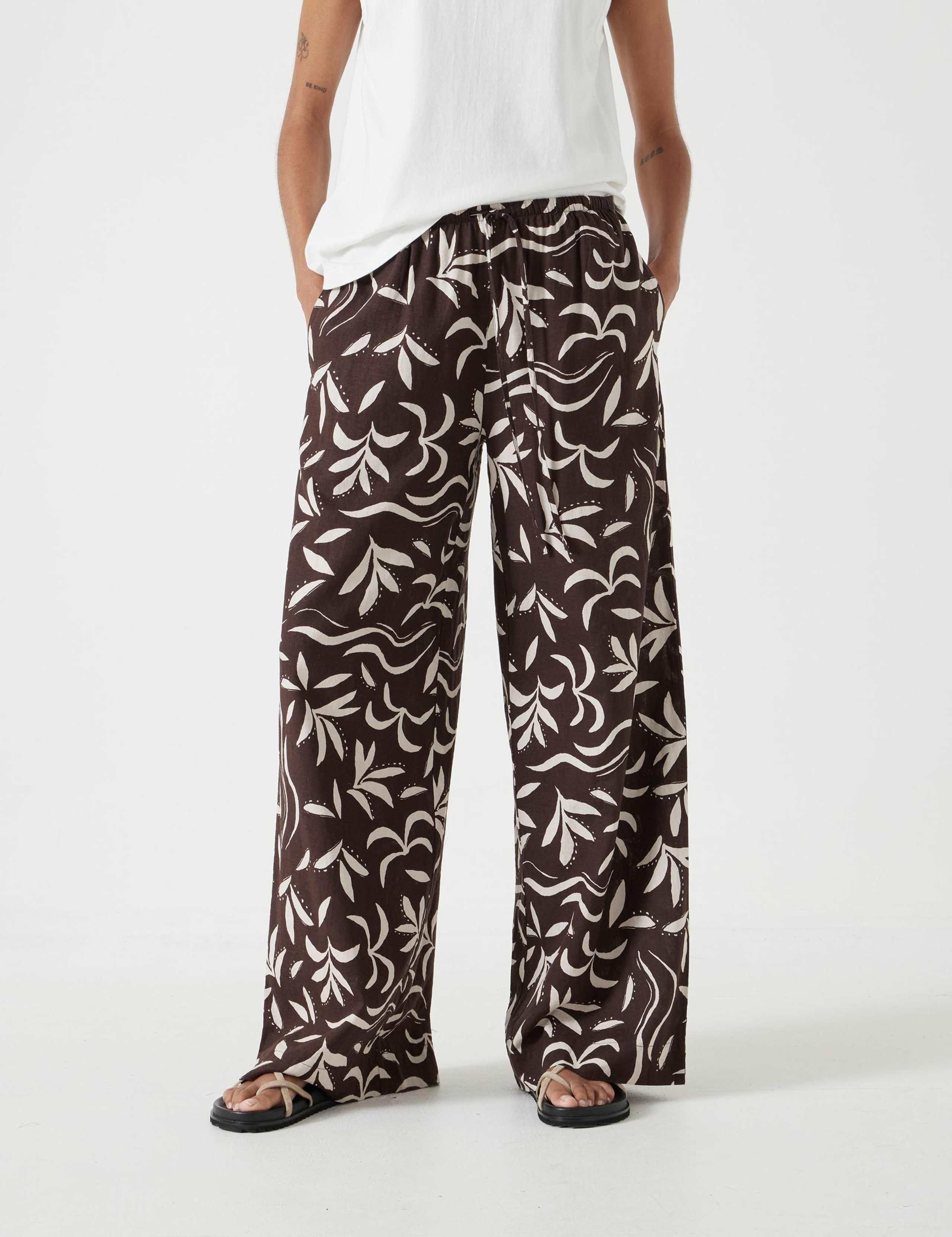Linen Rich Leaf Print Wide Leg Trousers