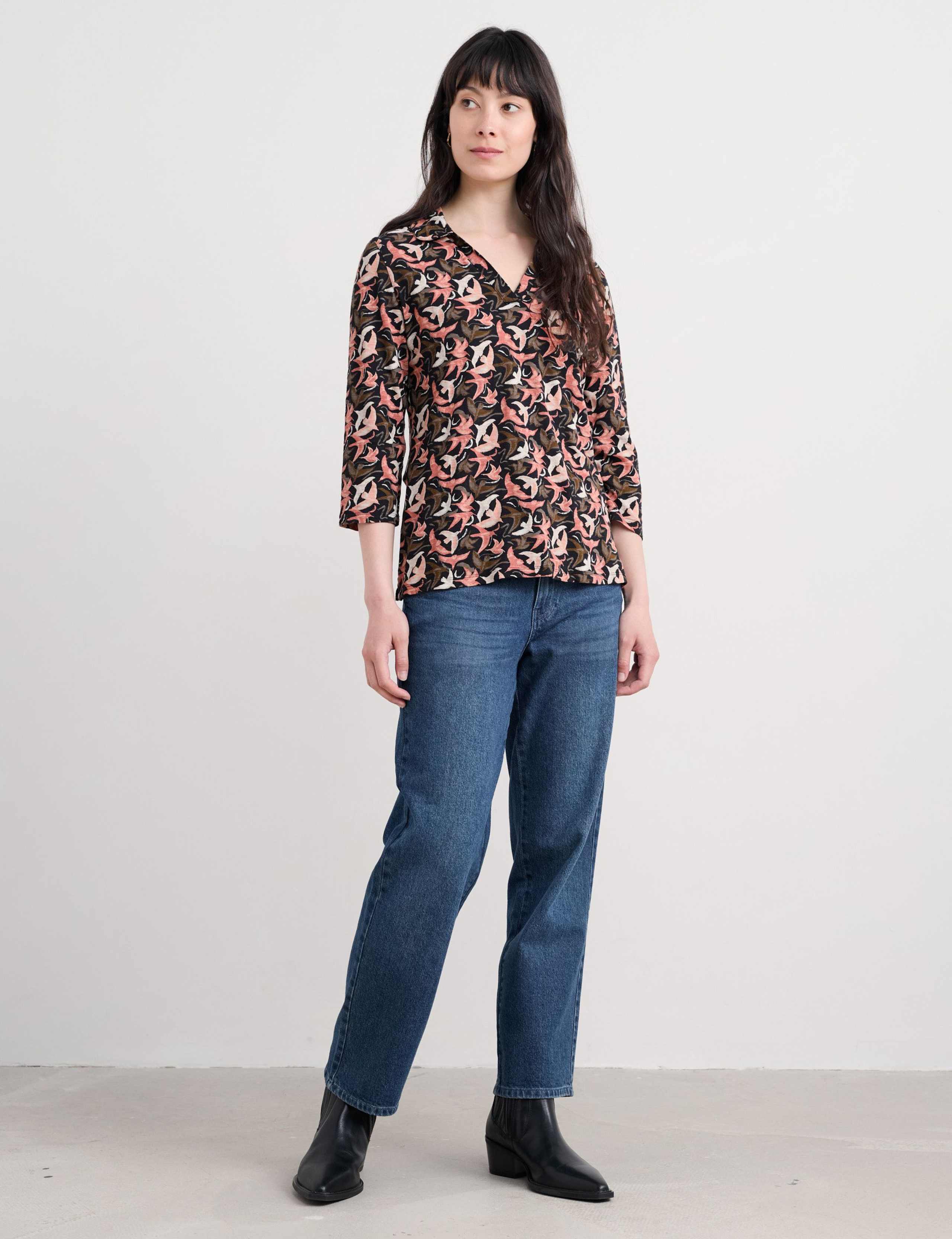 Pure Cotton Bird Print V-Neck Collared Top