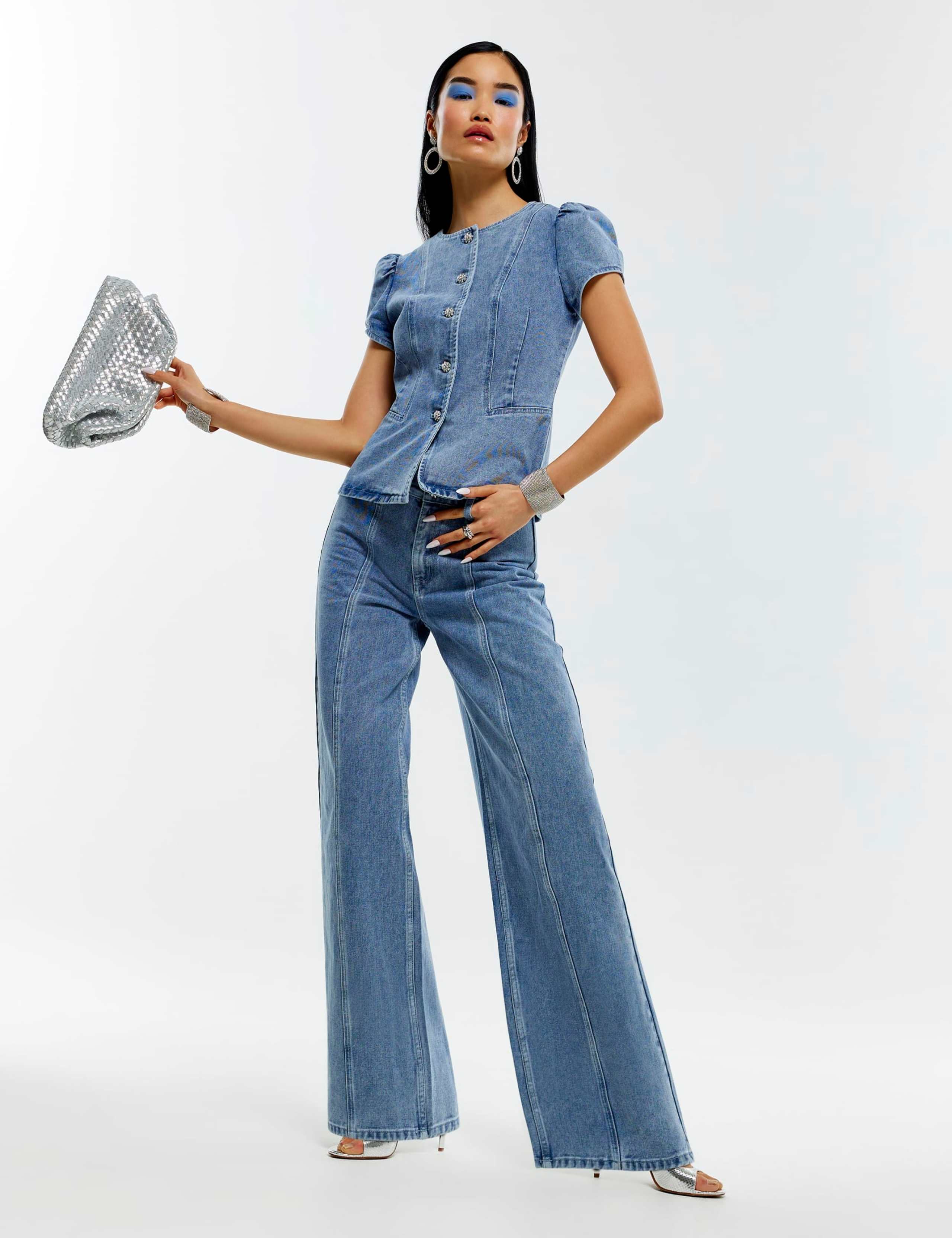 Embellished High Waisted Wide Leg Jeans