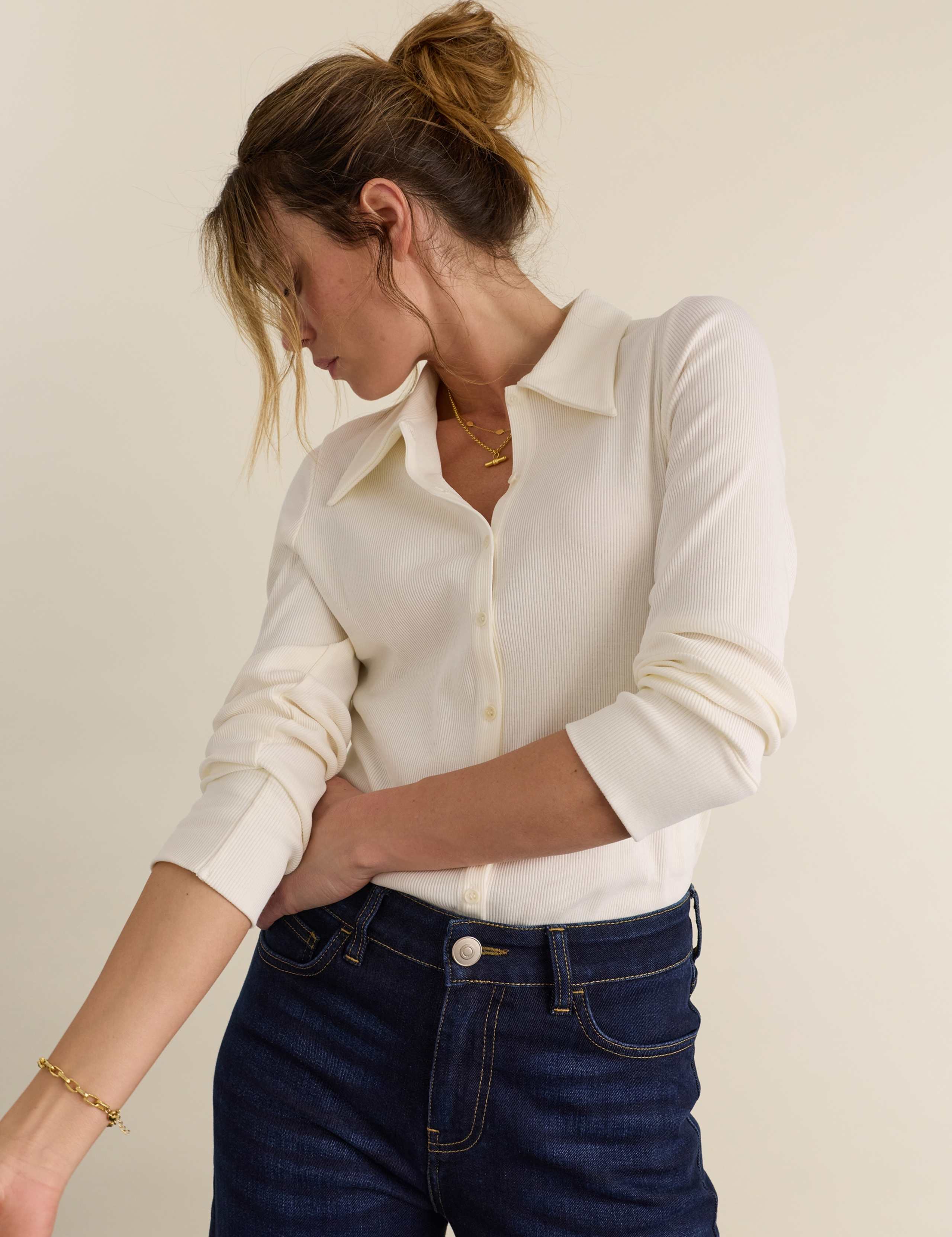 Jersey Rib Collared Button Down Fitted Top