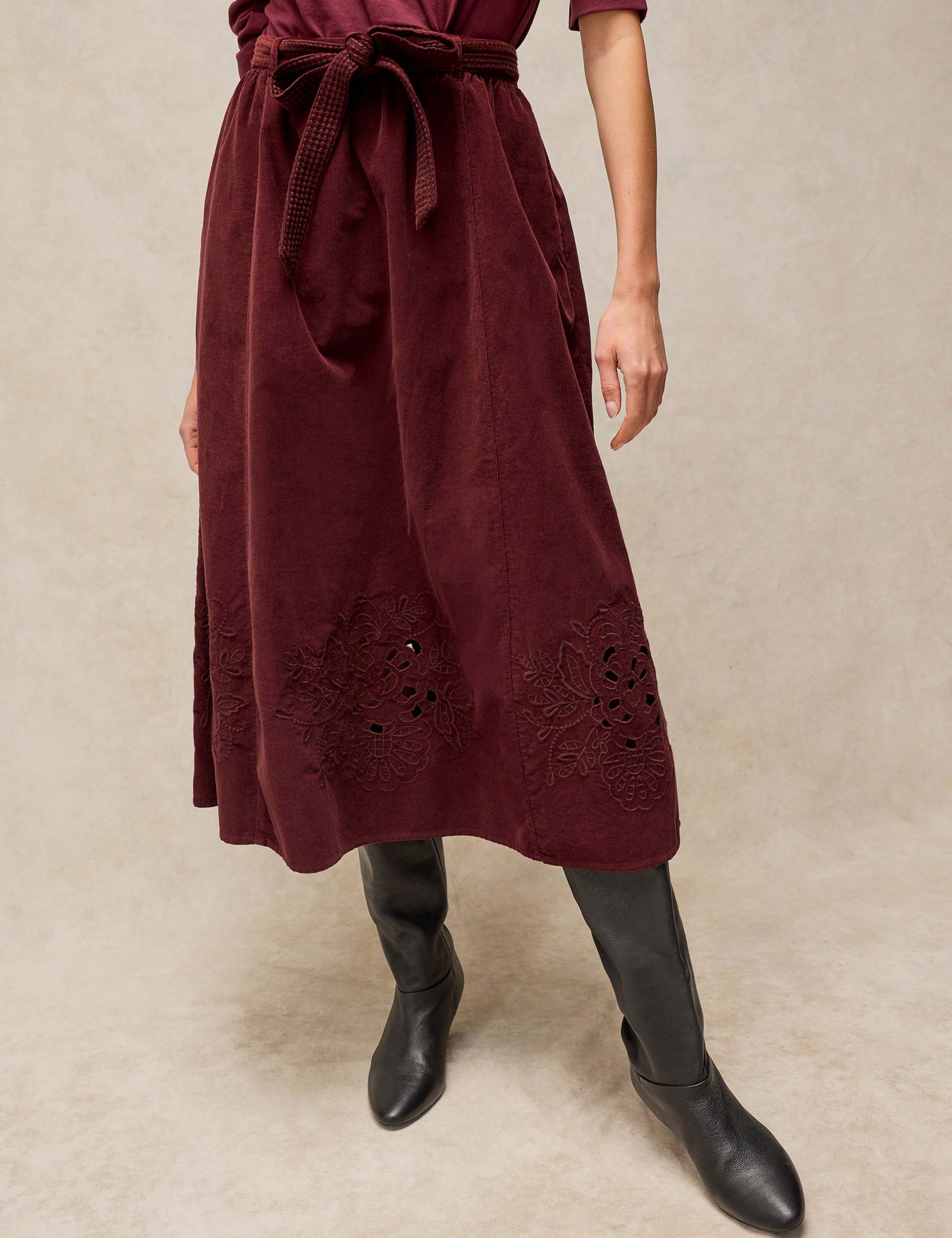 Corduroy Embroidered Midi A-Line Skirt