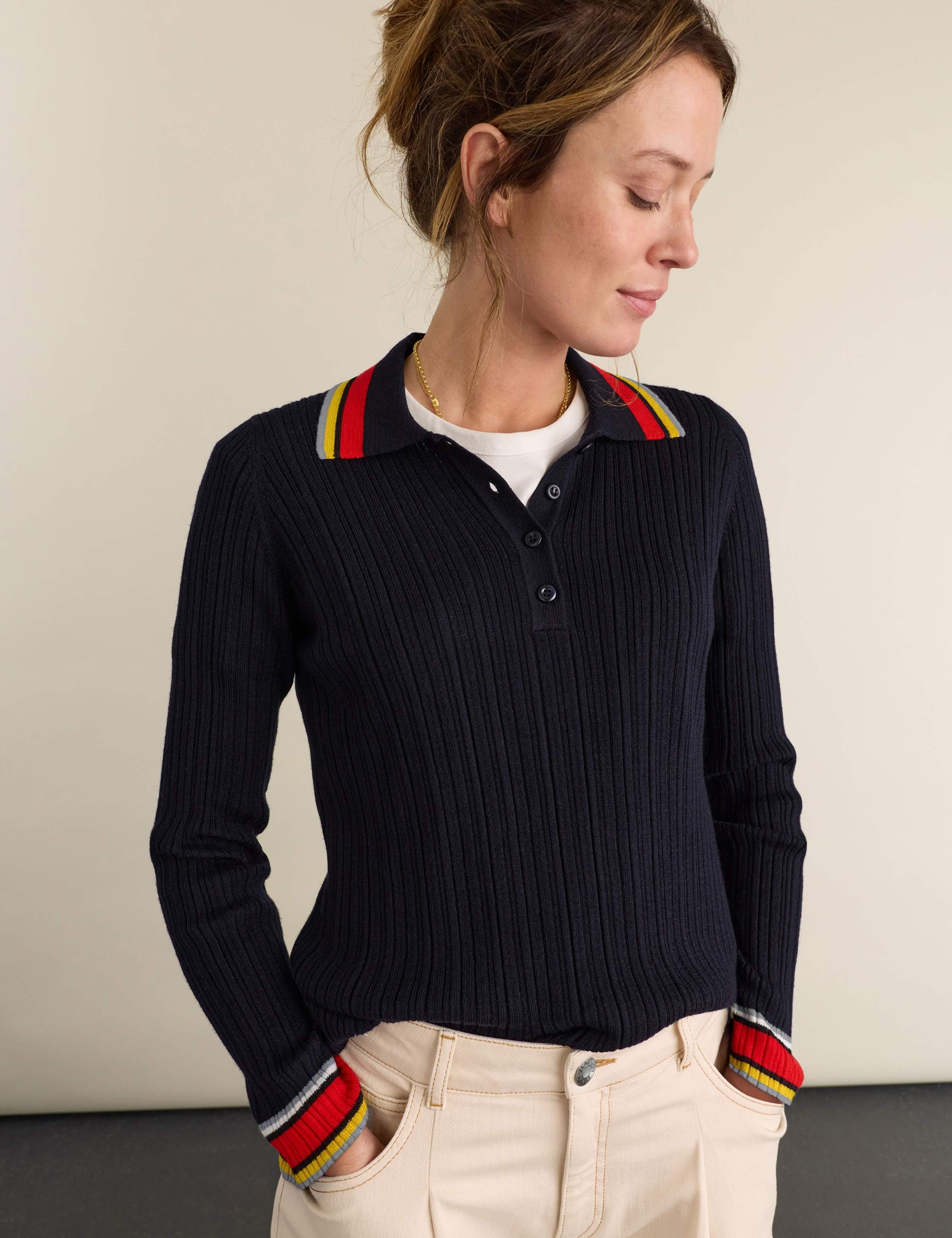 Pure Merino Wool Ribbed Polo Top