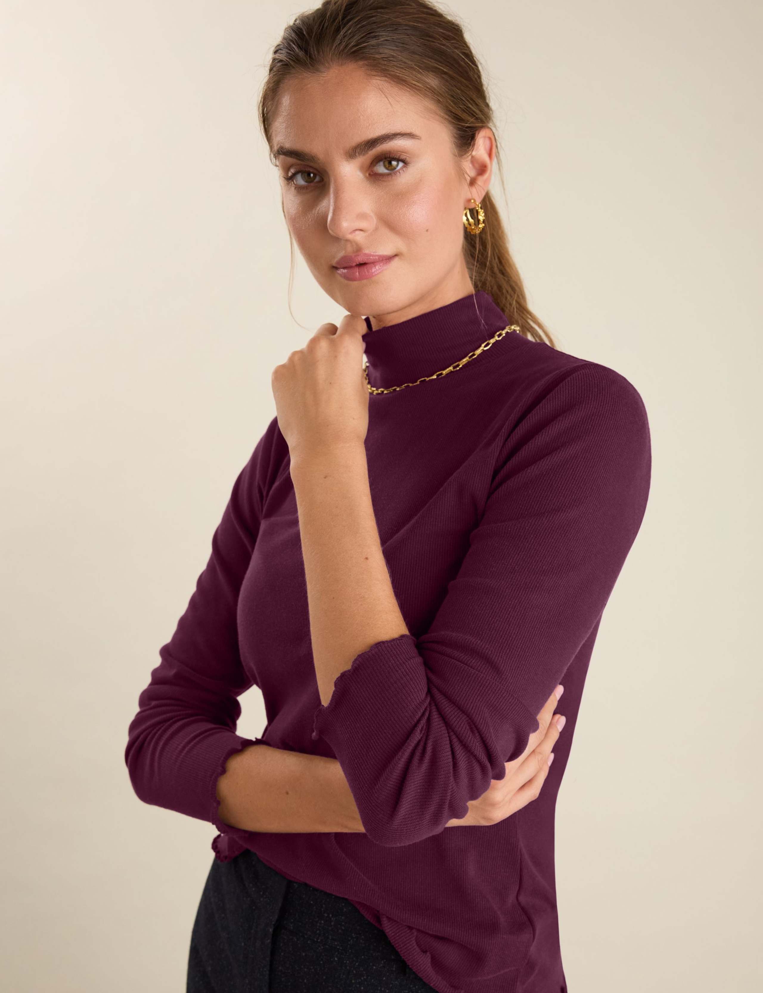 Cotton Blend Roll Neck Top