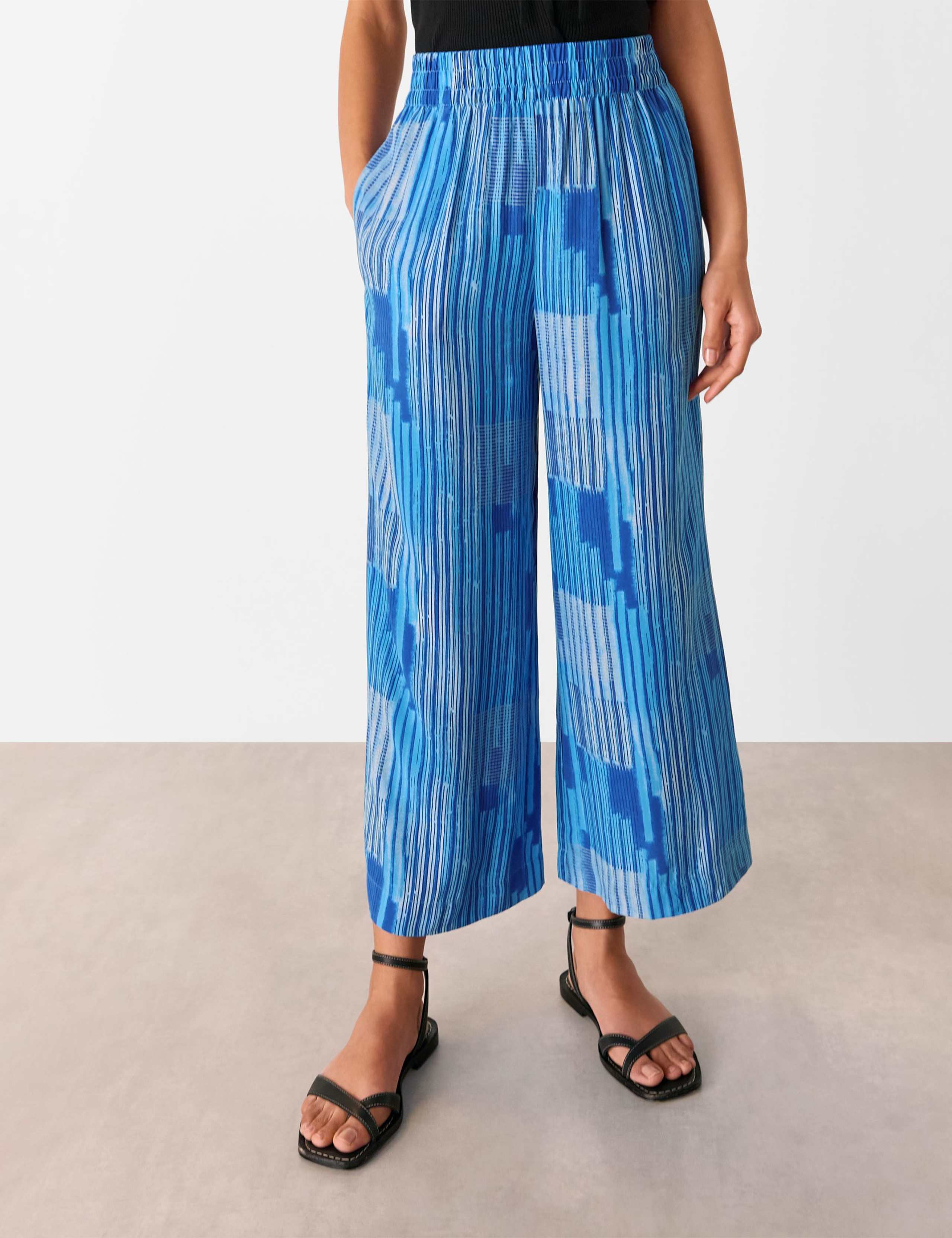 Cupro Rich Striped Wide Leg Cropped Trousers