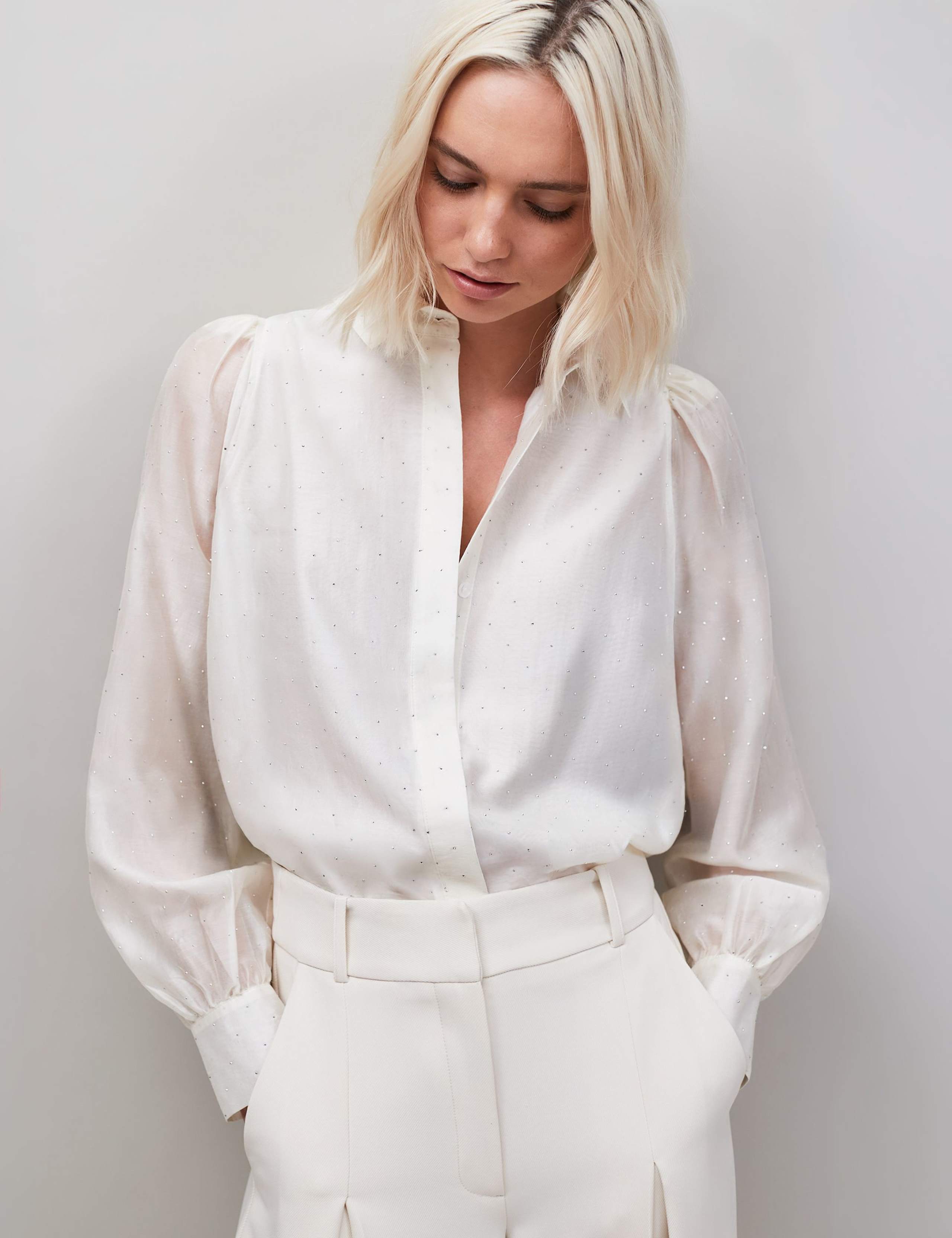 Lyocell Rich Embellished Puff Sleeve Shirt