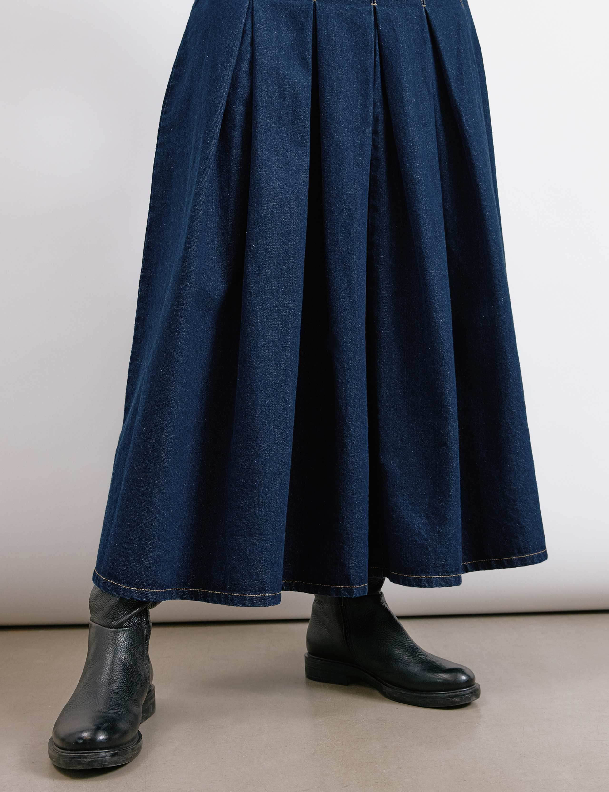 Pure Cotton Denim Pleated Midi A-Line Skirt