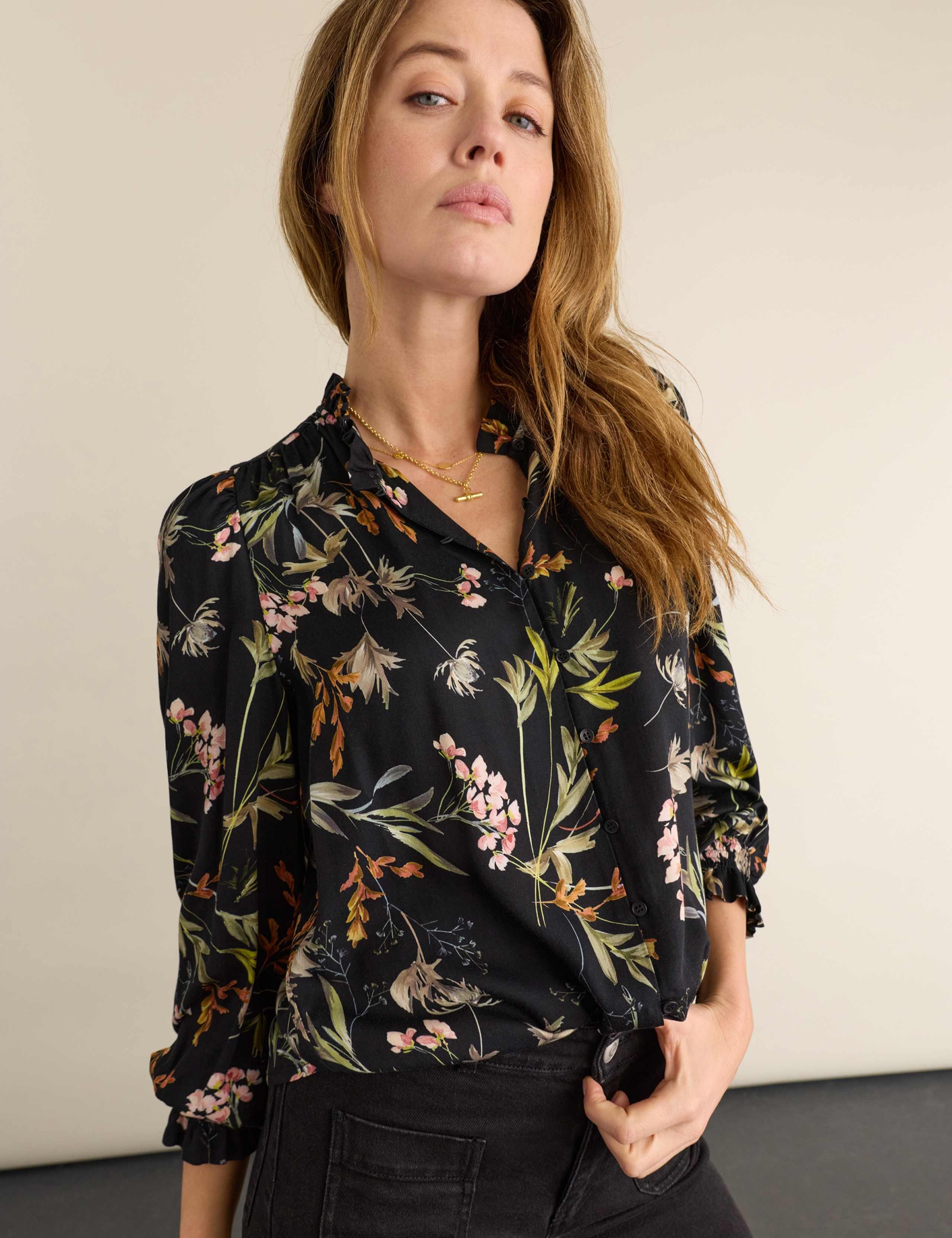Satin Floral Relaxed Puff Sleeve Blouse