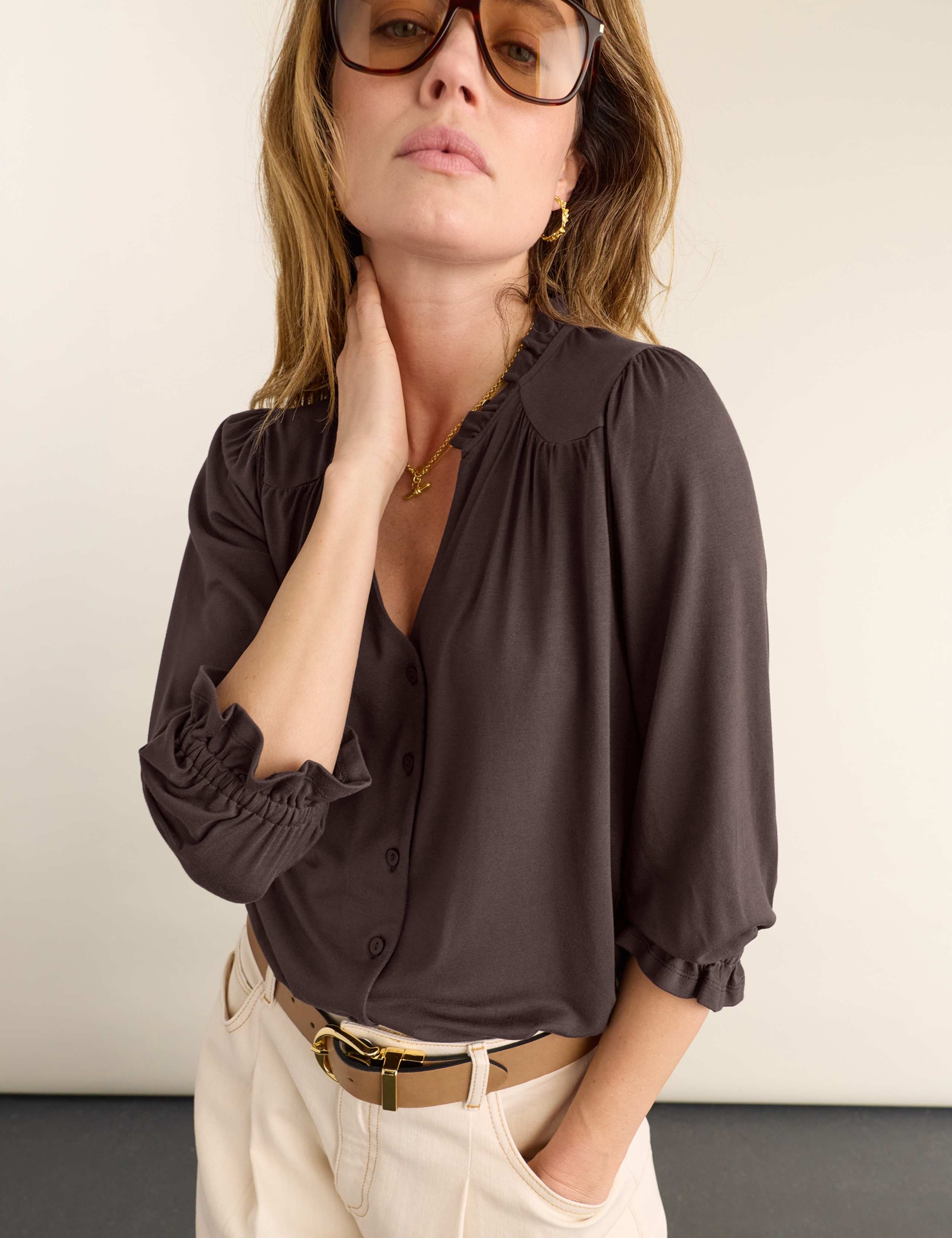 Jersey Notch Neck Ruffle Relaxed Blouse
