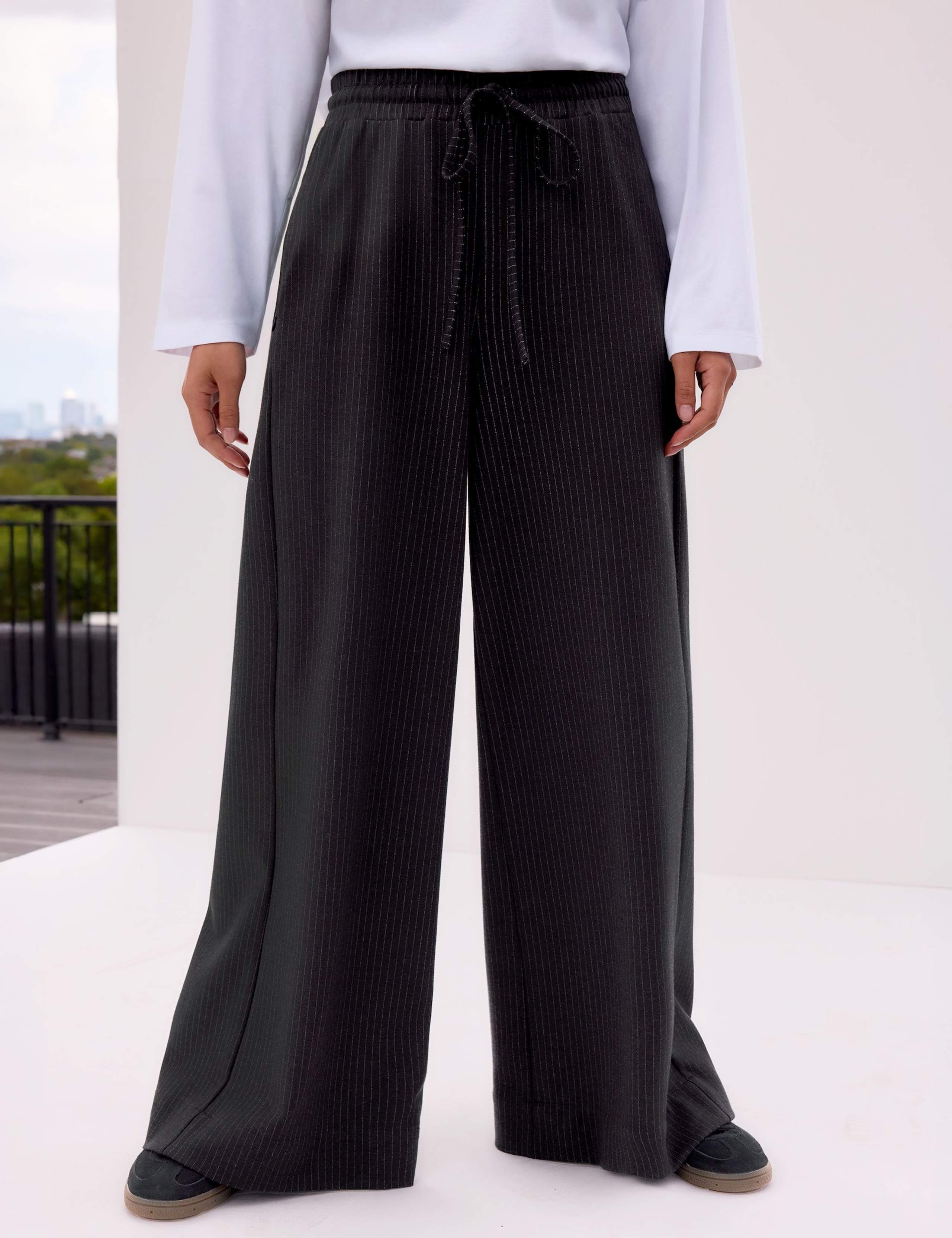 Pinstripe Drawstring Wide Leg Joggers