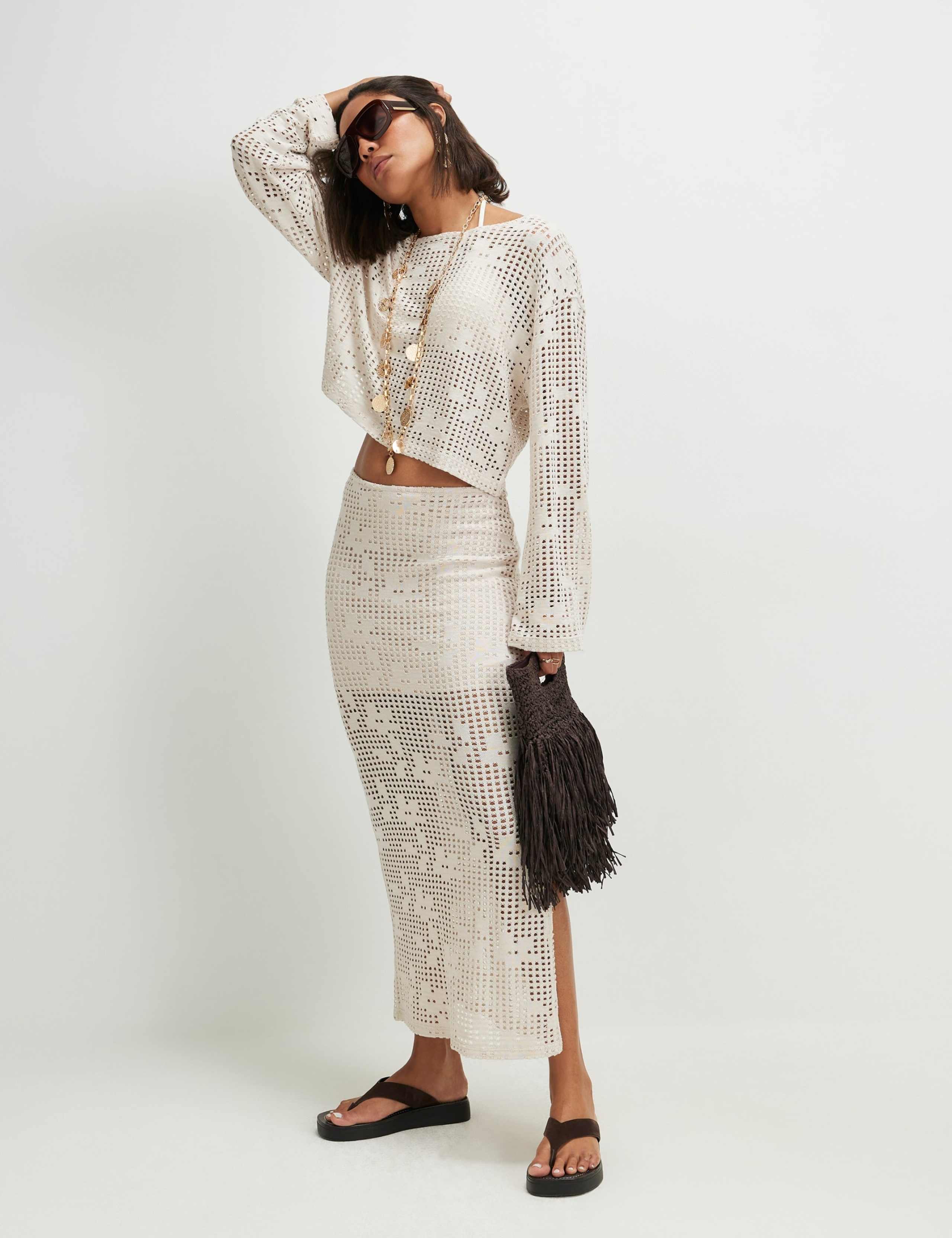 Pure Cotton Textured Midaxi Pencil Skirt