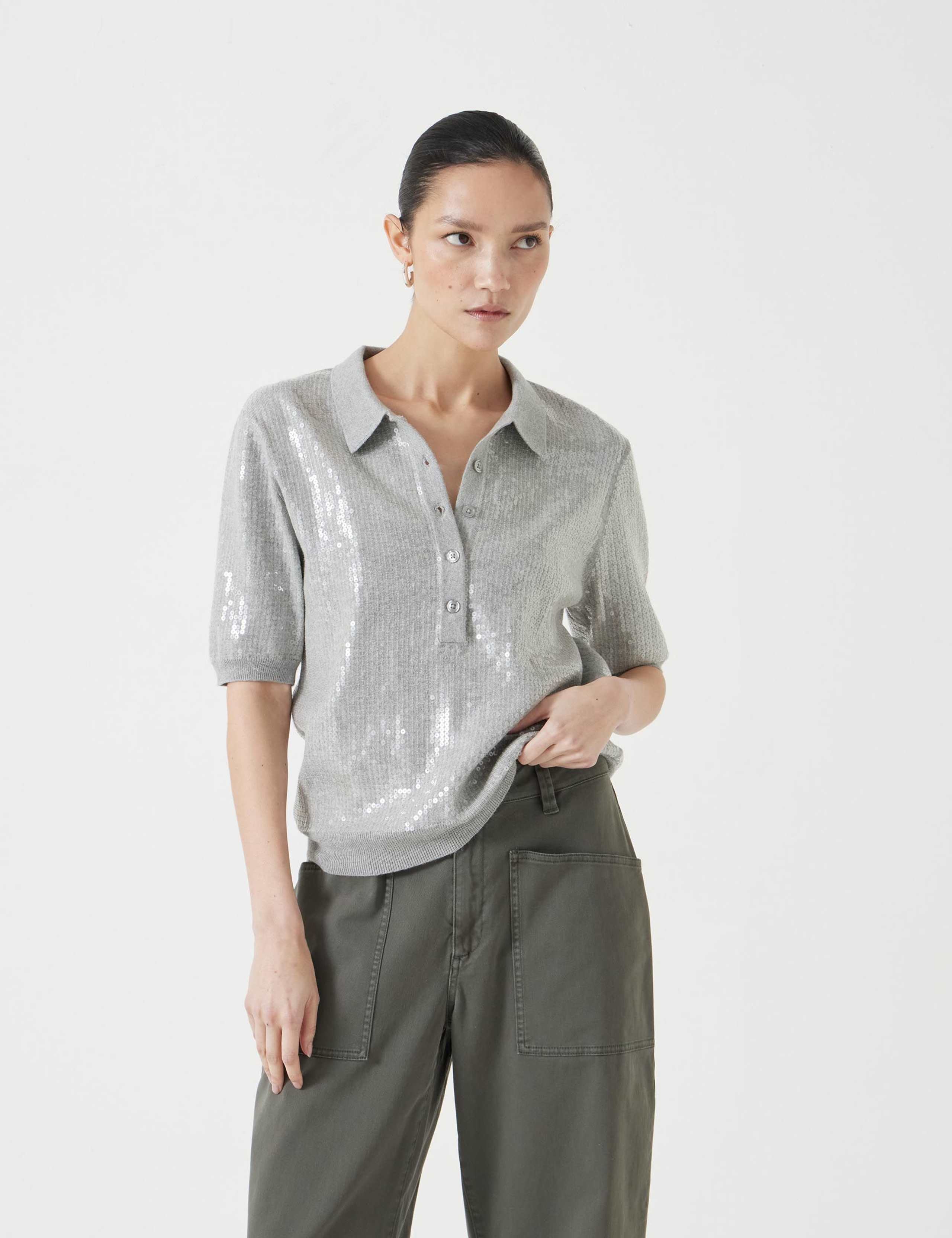 Pure Cotton Sequin Polo Neck Knitted Top