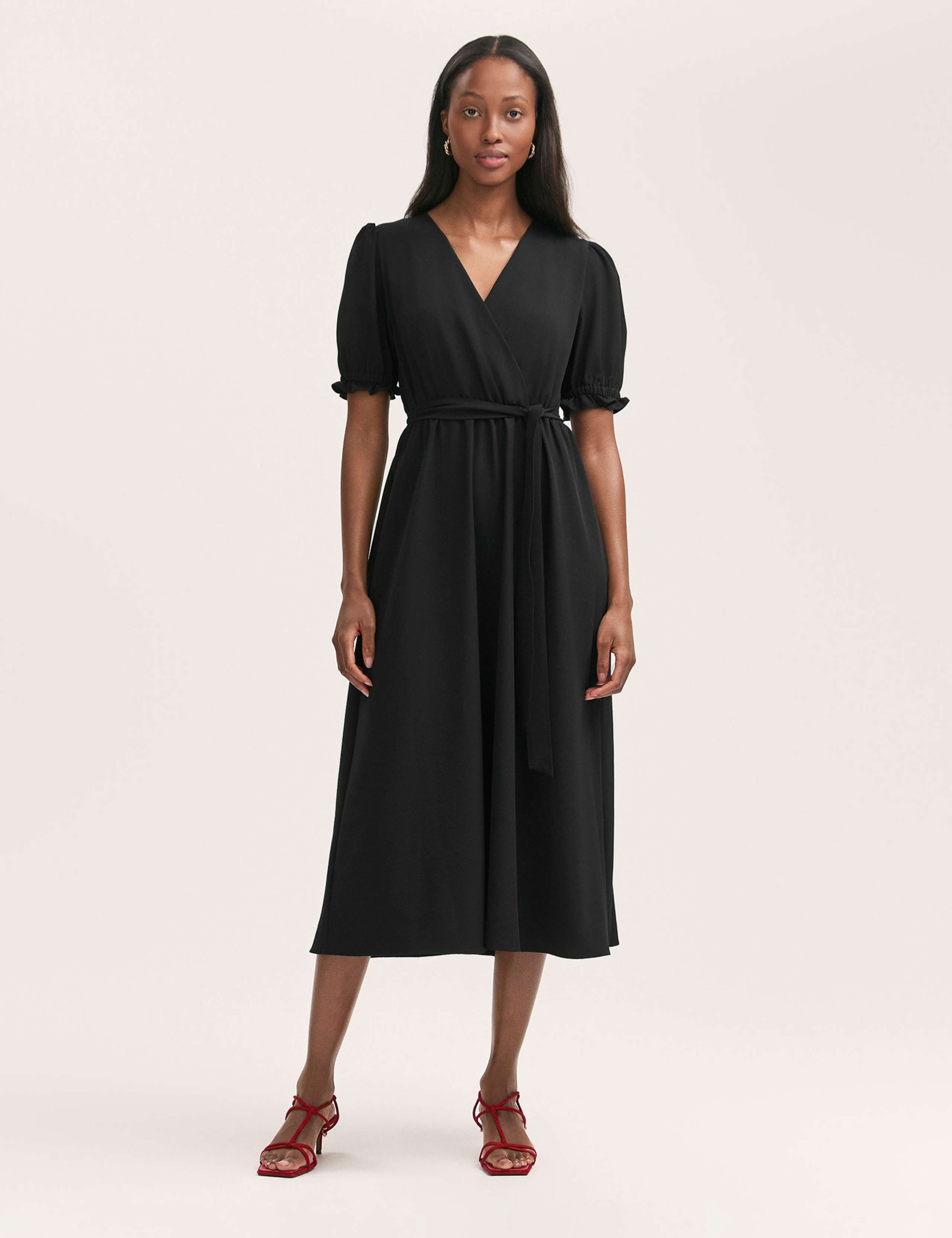Crepe V-Neck Tie Waist Midi Wrap Dress