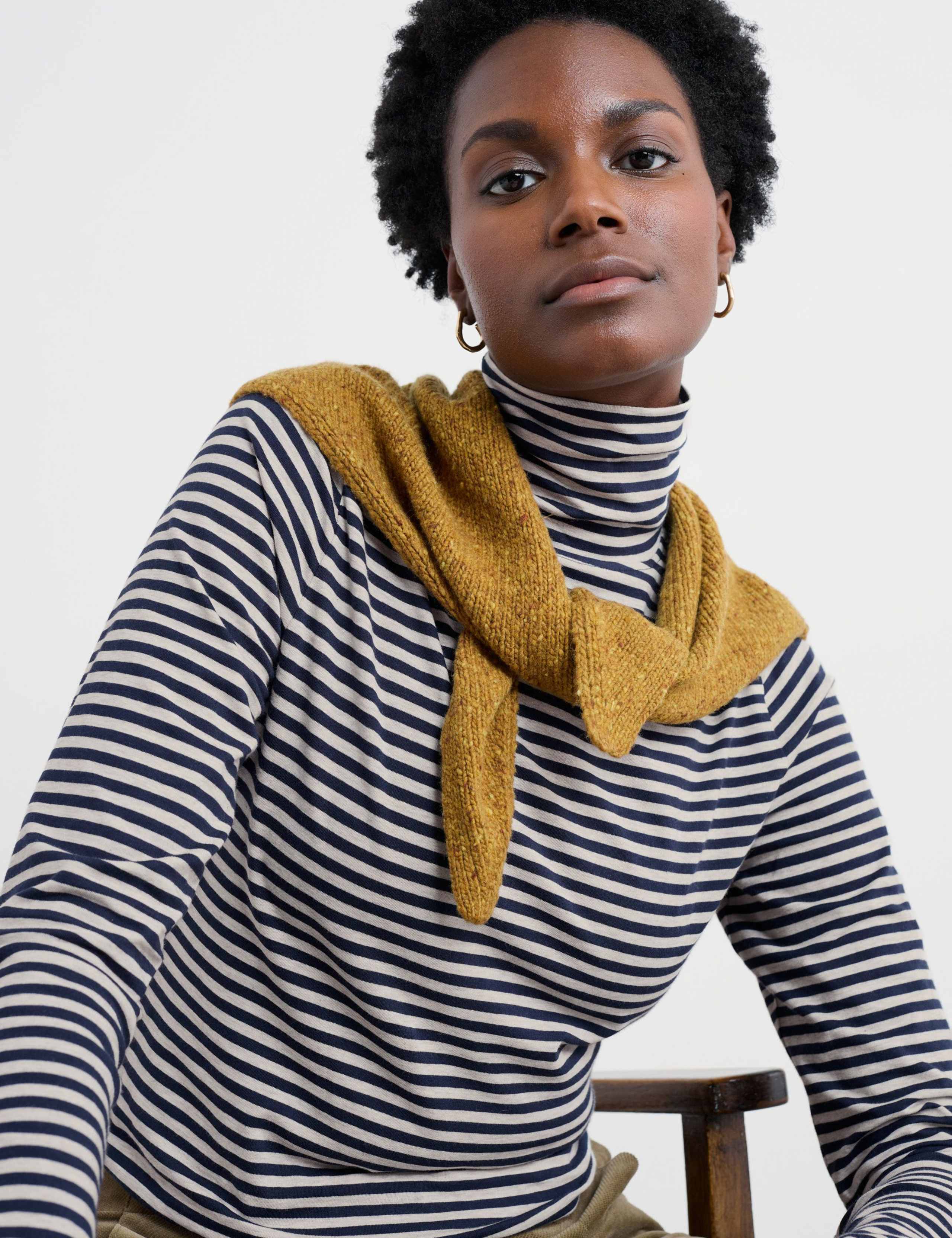 Cotton Rich Striped Roll Neck Top