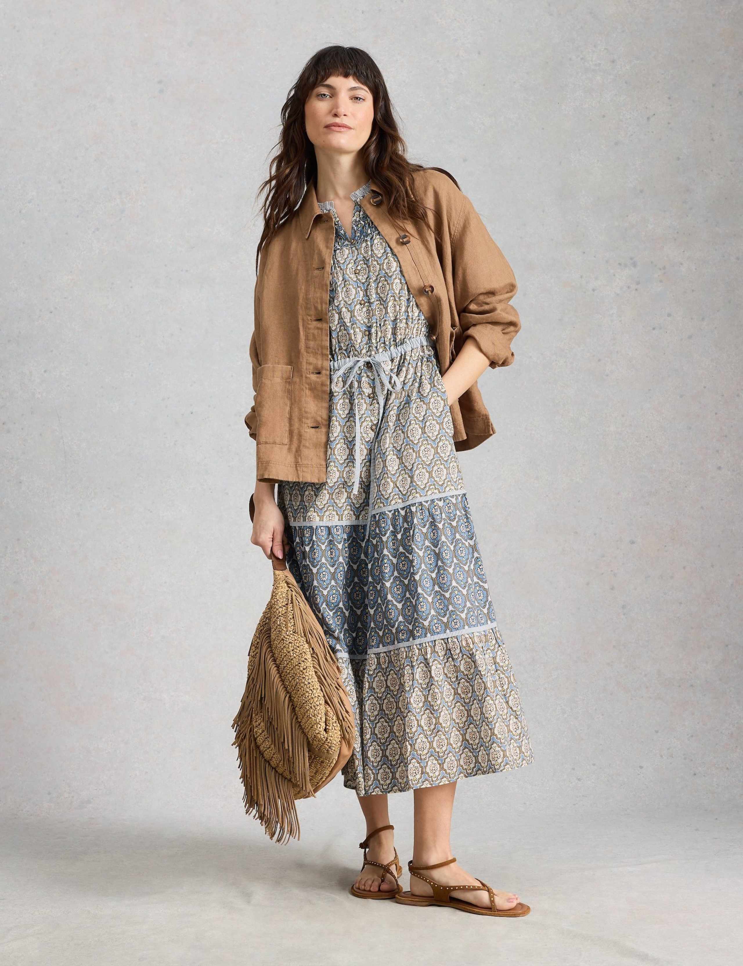 Pure Cotton Floral Midi Tiered Dress