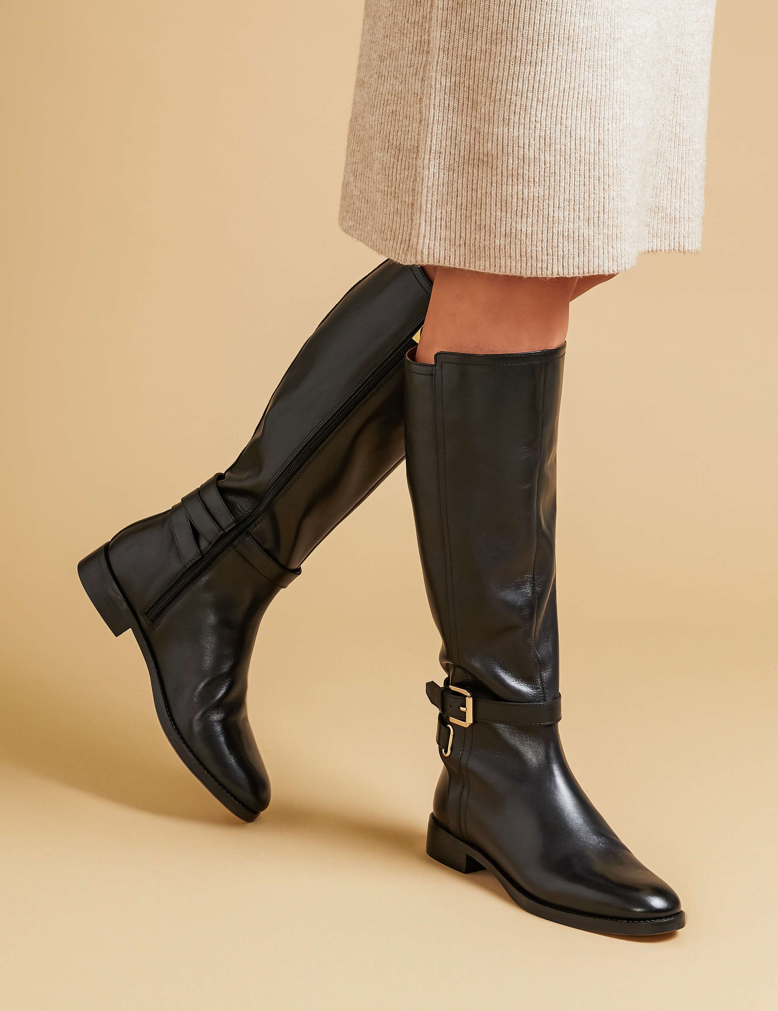 Leather Buckle Block Heel Riding Boots