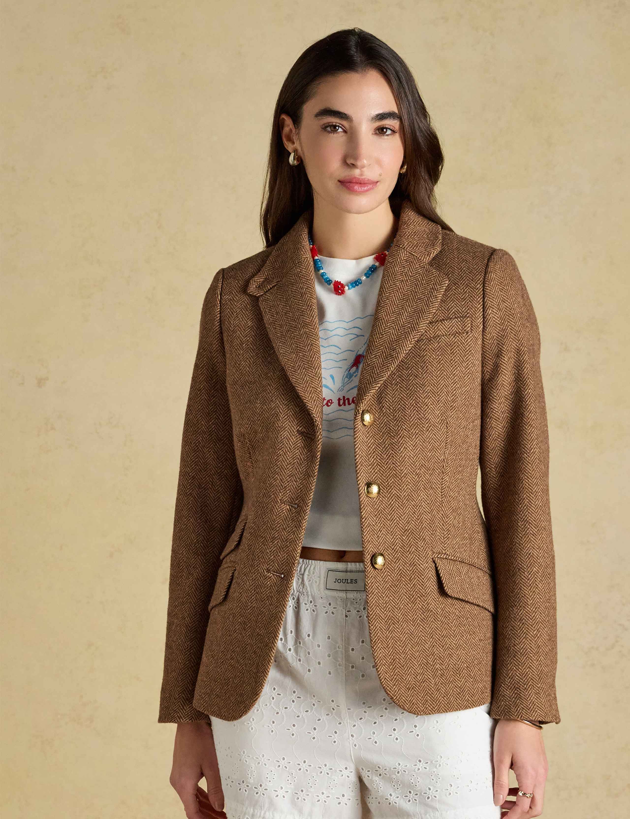 Wool Blend Tweed Herringbone Blazer