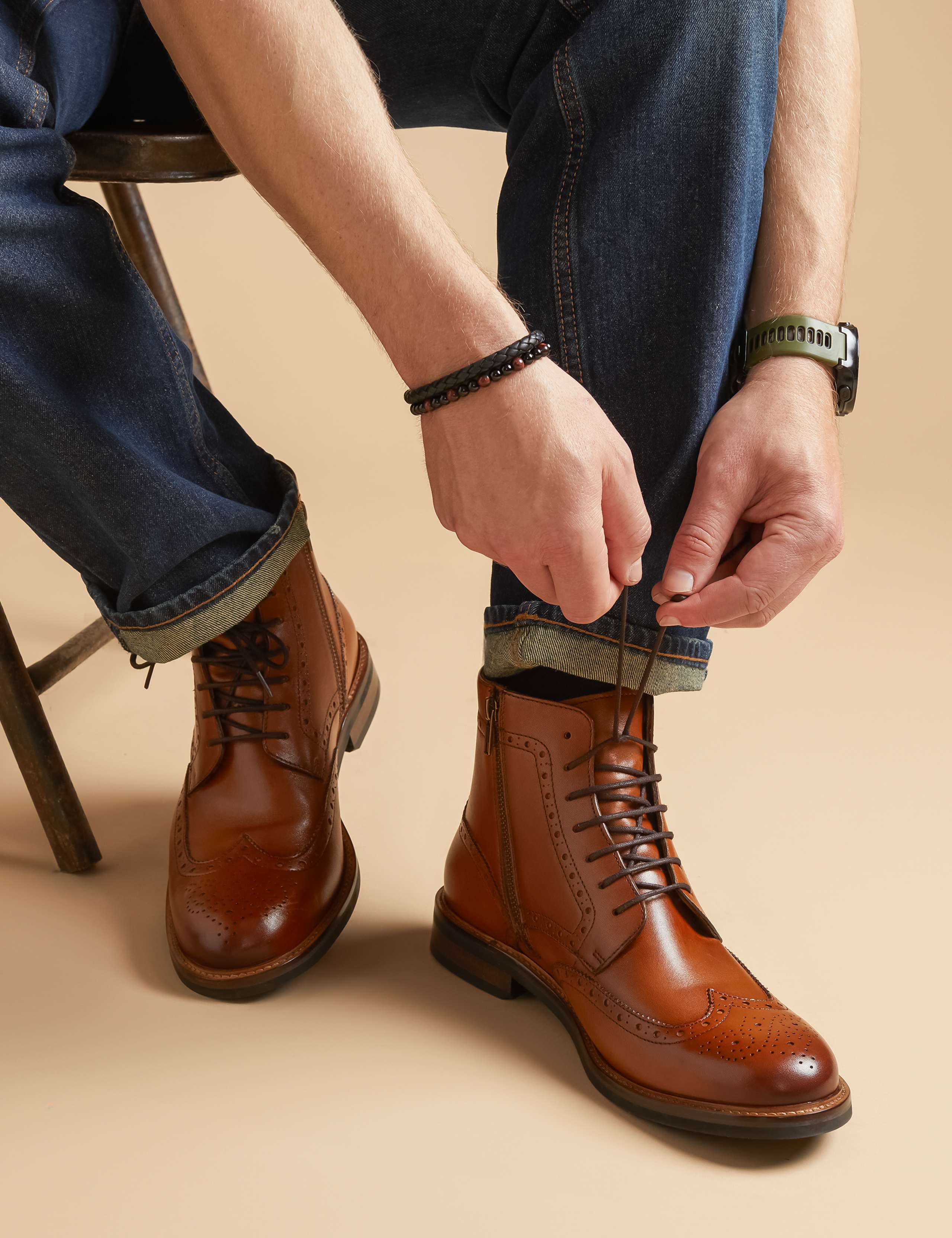 Leather Side Zip Brogue Boots