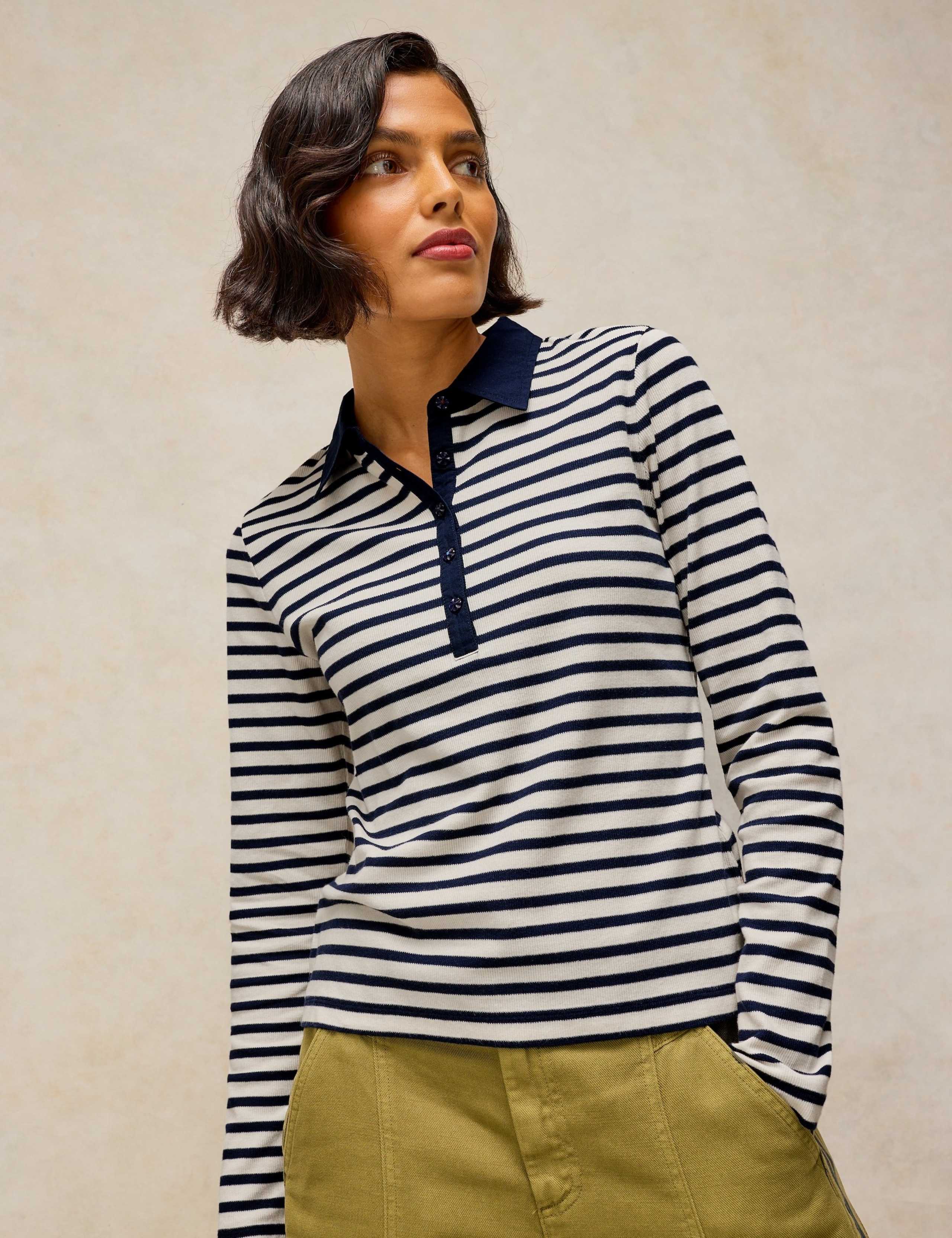 Cotton Rich Ribbed Striped Collared Top