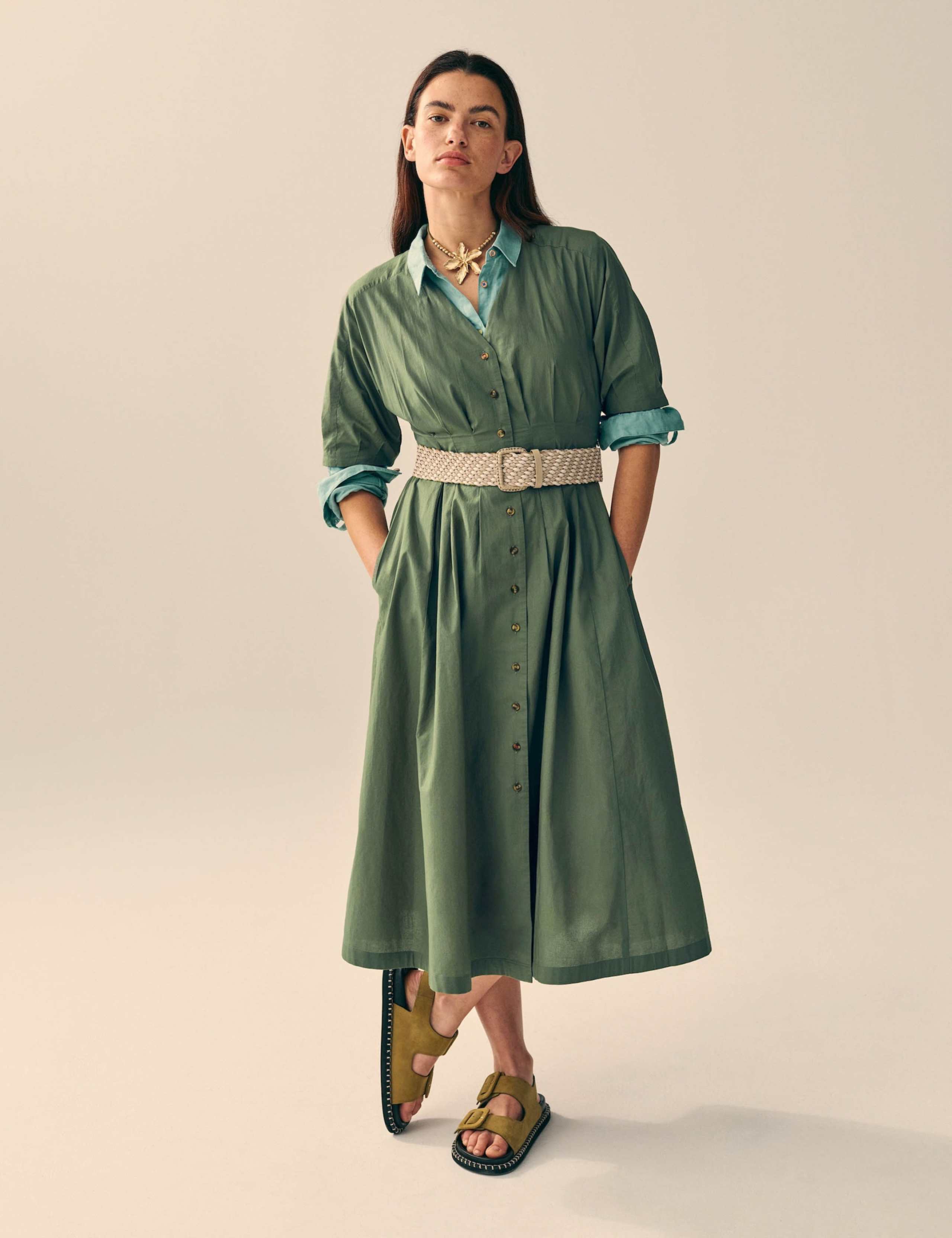 Pure Cotton V-Neck Midi Waisted Dress